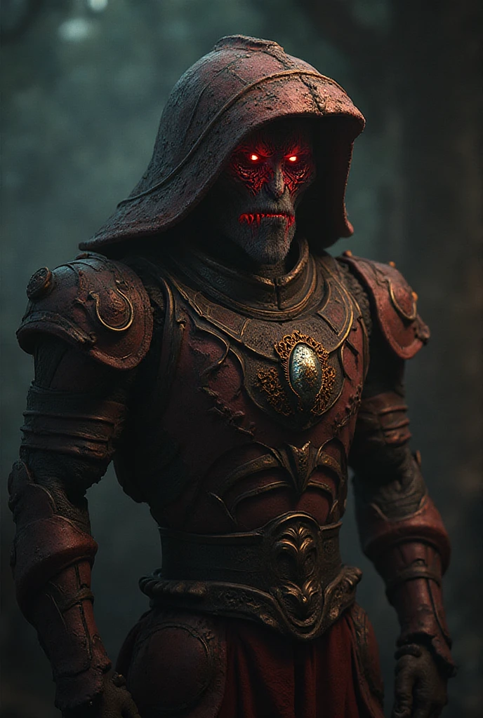 (masterpiece:1.2), absurdres, A photorealtic shot od Mumm-Ra,solo, decaying mummy,a malevolent and ancient sorcerer, , withered, shrouded in rotting bandages, emaciated body. grotesque, skin is a sickly grey, covered in tattered rotting bandages, is body is emaciated, his face is hidden by a hooded red robe, glowing sinister red eyes, malevolent,  (highly detailed:1.3)
