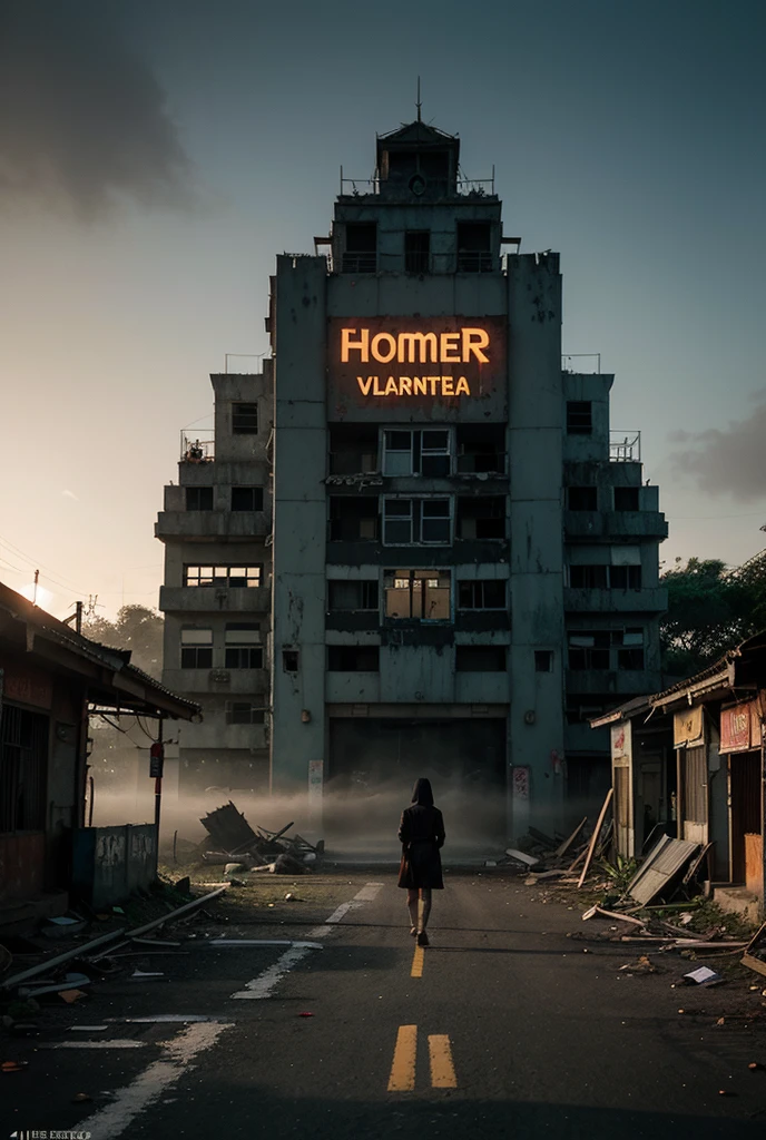 Inspired by the film Return of the Living Dead, (Work of art), (Super-8 cinematic format), (old film from the 80s), (night), (horror), destroyed streets, (grainy image), (high saturation), A four-story white hospital, with a helicopter perched on the roof, only the reception light is on, a lawn outside.