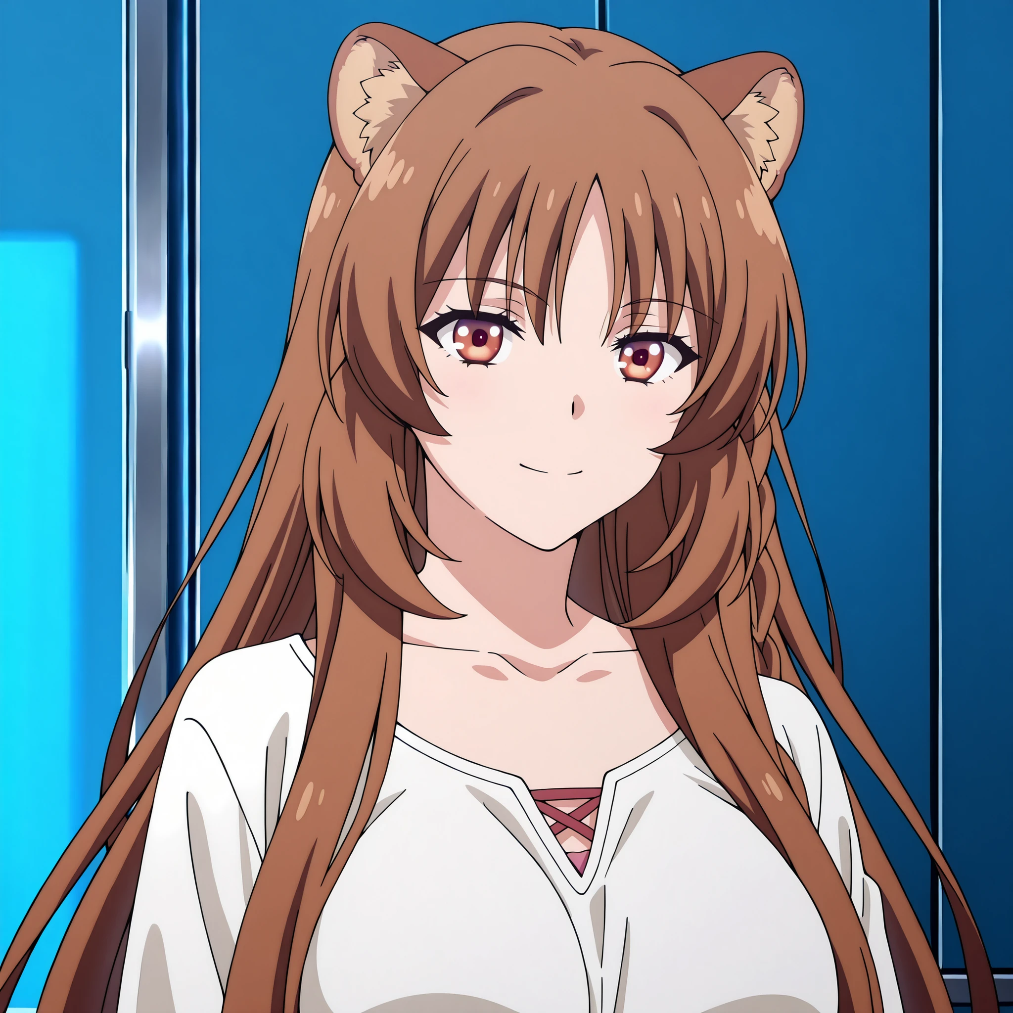 Horikita Suzune . Raphtalia, with orange eyes, a new hairstyle (long hair with a center fringe and a side braid), and rounded ears, is curvy and has large breasts. She stands in the middle of a blue room, with a cheerful and flirtatious expression. The anime's art is highly detailed, with vibrant lighting and a smooth texture.