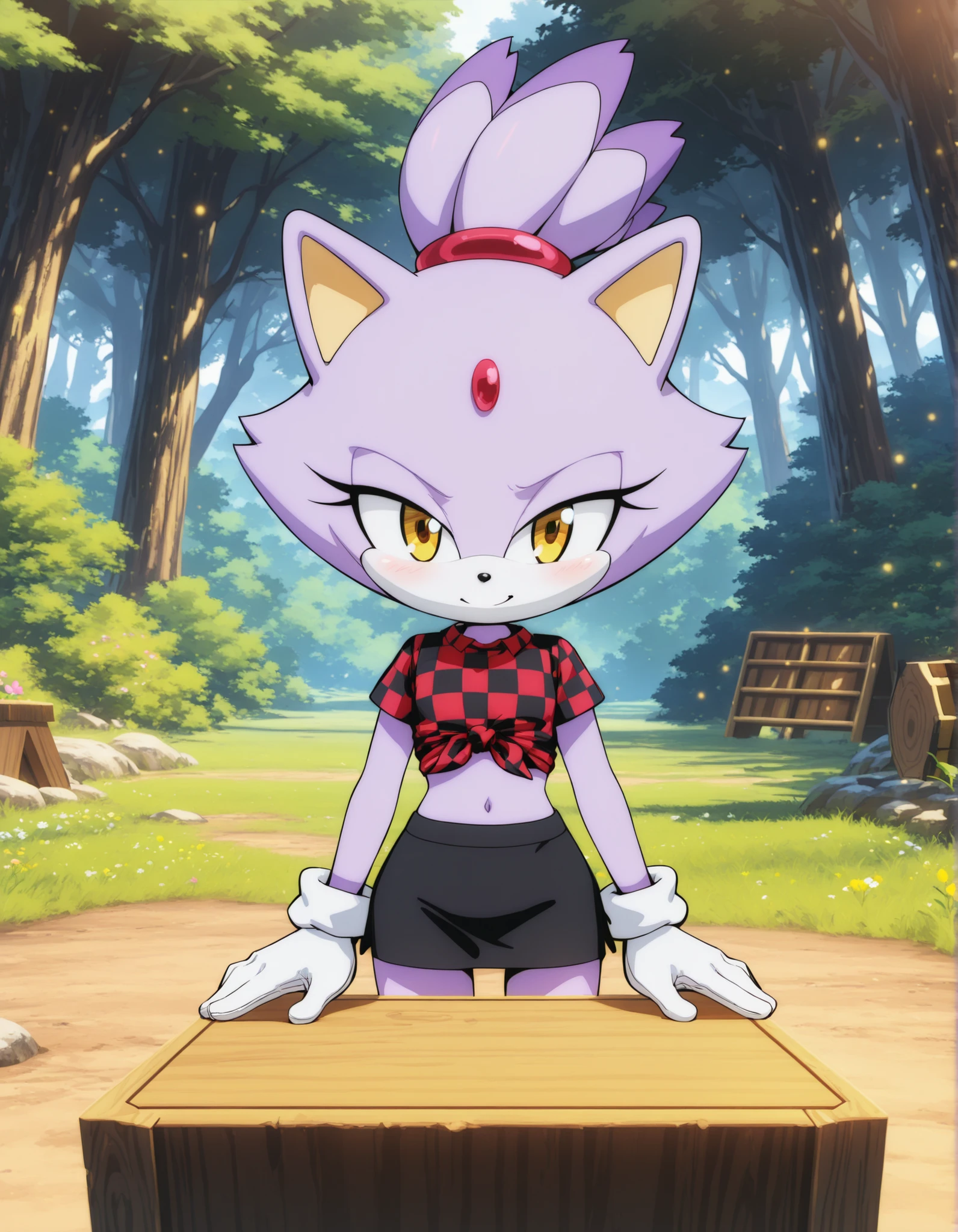 fbi open up!,, solo, 1girl, blaze the cat, furry, shiny skin, short stack, white gloves, black miniskirt, midriff, red checkered knotted top, tied shirt, BREAK smile, smug, BREAK night, forest background, (mountains:1.1), flower, wood chopping block, cowboy shot, BREAK masterpiece, amazing quality, best quality, very aesthetic, newest, absurdres, cinematic lighting, ambient occlusion, raytracing, colorglow, light shafts, light particles