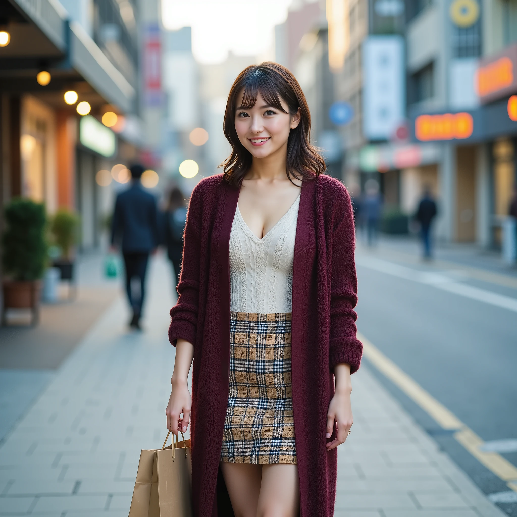 Japanese idol walking down fall fashion street、shopping bag full of hands、big happy smile、dark burgundy long cardigan、Cream Knit Top、brown plaid skirt from below、is a copy doll in black tights、short boots、loose wave hair over shoulders、natural ruddy makeup、autumn cityscape in the background、slightly hazy twilight、full body shot walking down the sidewalk、Mr.々Branded paper bag、expression full of satisfaction、paparazzi style raw photo style、HIGH DEFINITION TEXTURE、Warm colors of autumn、super clear focus、Movie Lighting、 ( Wide shot from head to ankle:1.20), BREAK, depicting accurate limbs and 5-finger hands based on perfect human anatomy, BREAK, slim slender body,