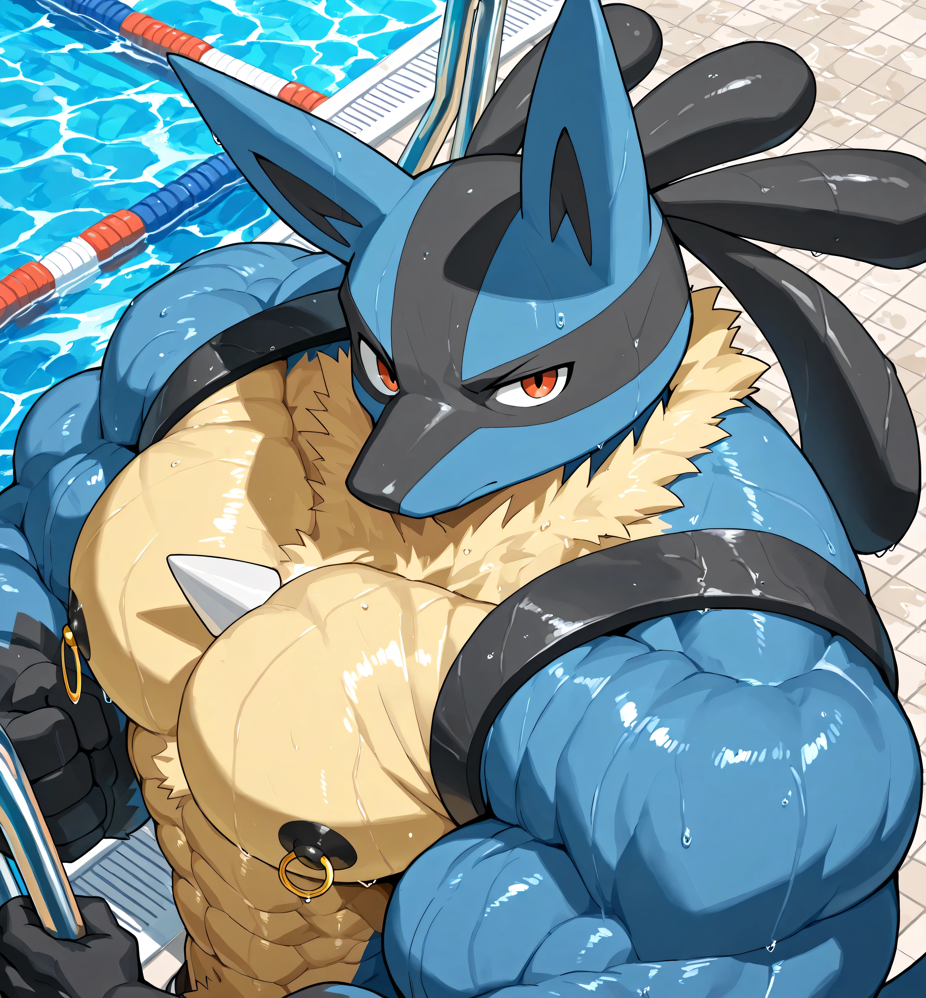 Anthro, lucario, kemono, bara, solo, furry, male, tail, muscular, sexy, huge black nipples, golden nipple rings, broad shoulders, huge arms, broad chest, detailed background, serious, one eyebrow raised, wet, seen from above, macro, pool, looking at viewer, upper body shot, BREAK score_9_up, score_8_up, score_7_up, score_6_up, score_5_up, score_4_up BREAK