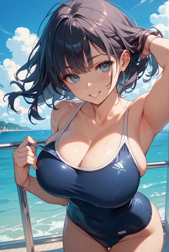 1girl,solo,masterpiece, Awards, high quality, High resolution, HD, 4K,8K,high quality, rough skin, (ultra detail:1.3),very detailed,????????????,oily skin,underside of ???????,hands is framed out,baby face,(messy hair,messy bangs:1.1),(??????:1.3),(waxing ???????:1.3),(large eyes,roundness eyes:1.2),smile,young,wet hair,neat clothes,navy blue swimsuit,upper body,?????????????,("ς" is the ?????? seen from the side:1.5),independent cleavage