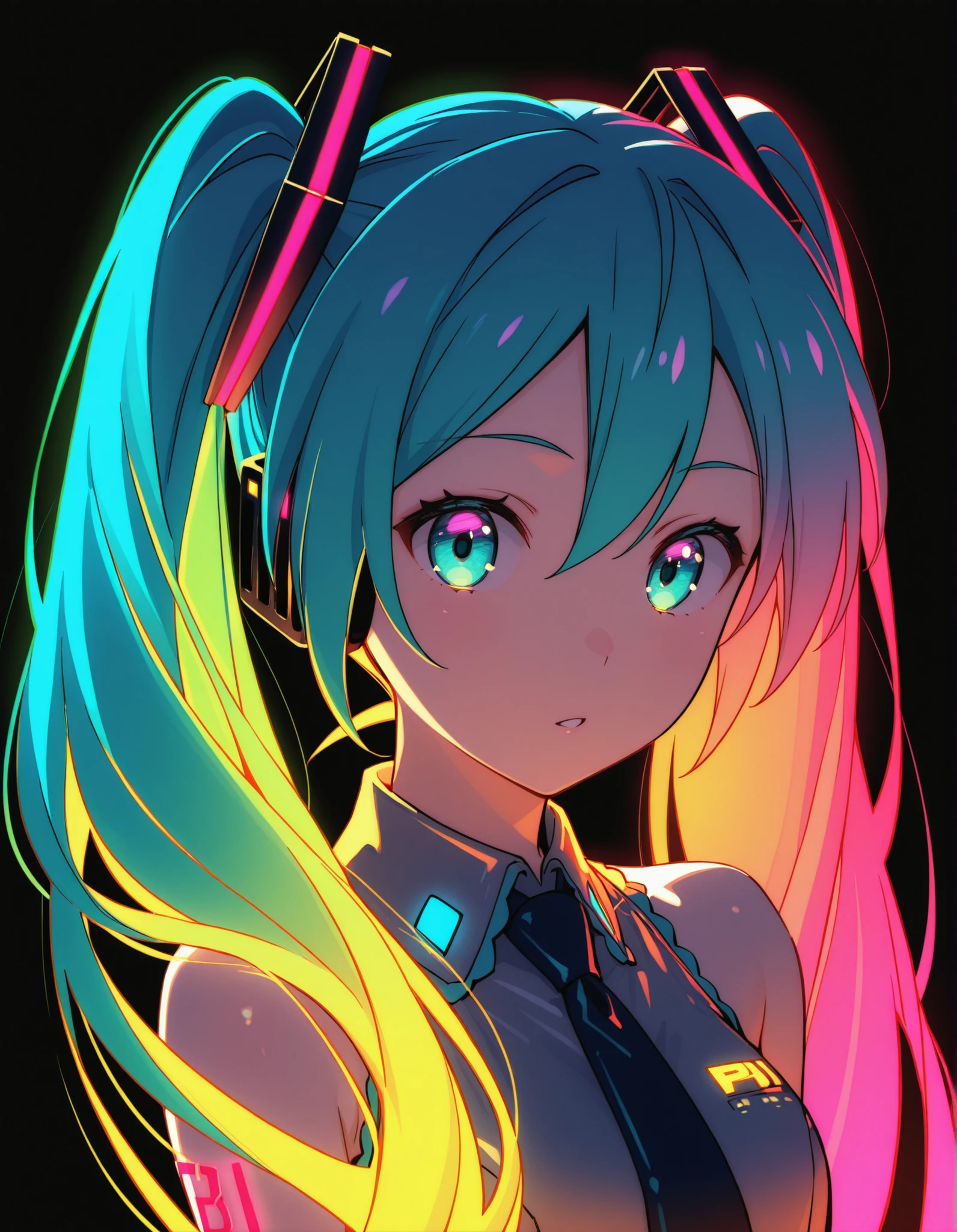 fbi open up!,, Hatsune Miku, limited palette, black background, colorful, vibrant, glowing outline, neon, blacklight, looking at viewer, masterpiece, very aesthetic