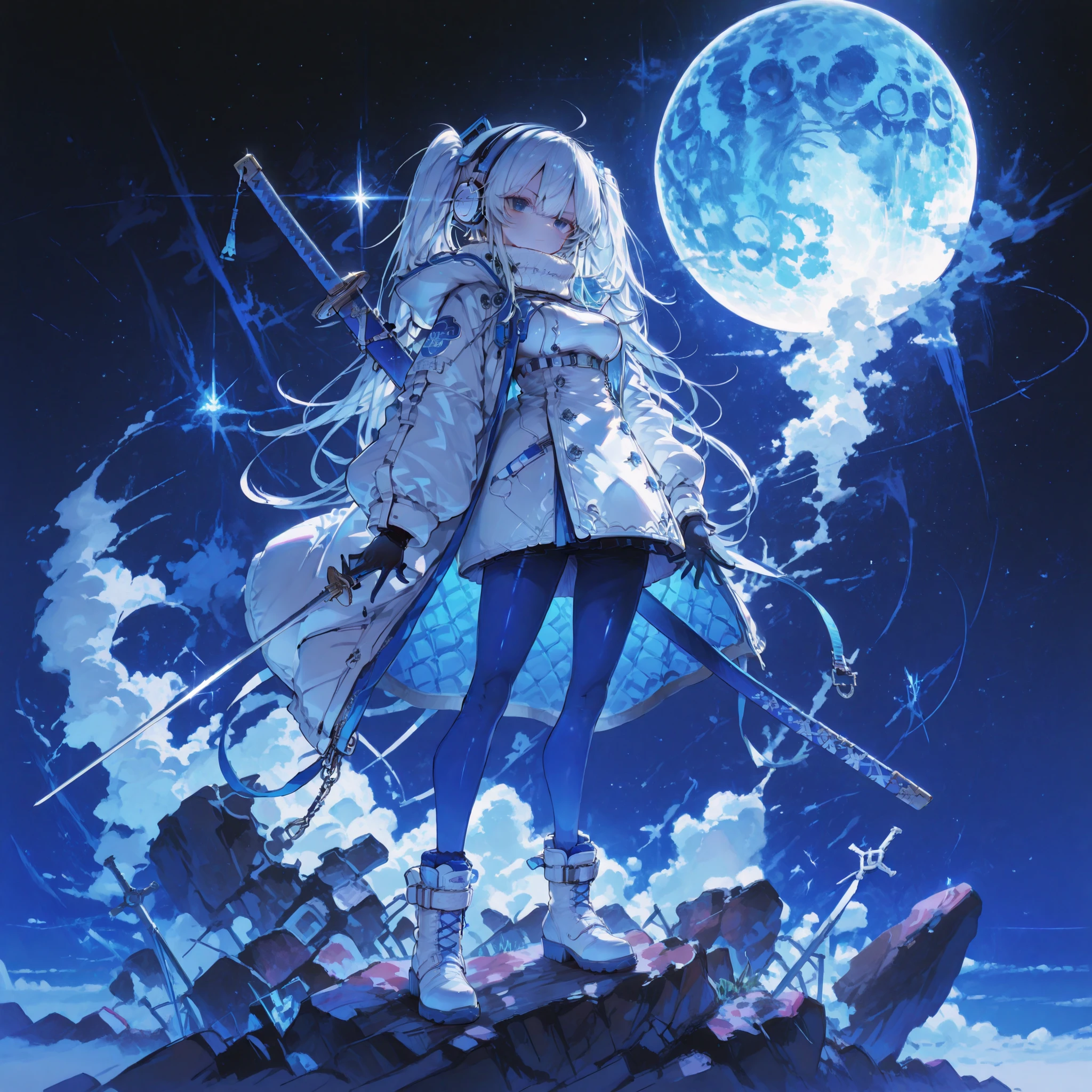 best quality,High Quality,Super-resolution,solo,Yozakura-san's Big Strategy,Ship Korekushon,hololive,Vtuber,tall（195 cm or more）,boob size is larger than a g cup,Big Breasts,blue and white hair,long hair,hair grow over 2 meters,Blue and black eyes,Odd eyes,Fully armed ,Main colors are blue and white,white mask of the machine,White rubber suit inside,white neck warmer,White and blue boots,white tights,black gloves,machine blue and white mask,white and blue coat,Blue and white headphones,2 swords on the back,The color of the sword is white, blue, and purple,background is black night sky,Moon,On the rock,standing,standing picture in meadow,I hate you,is staring at me,