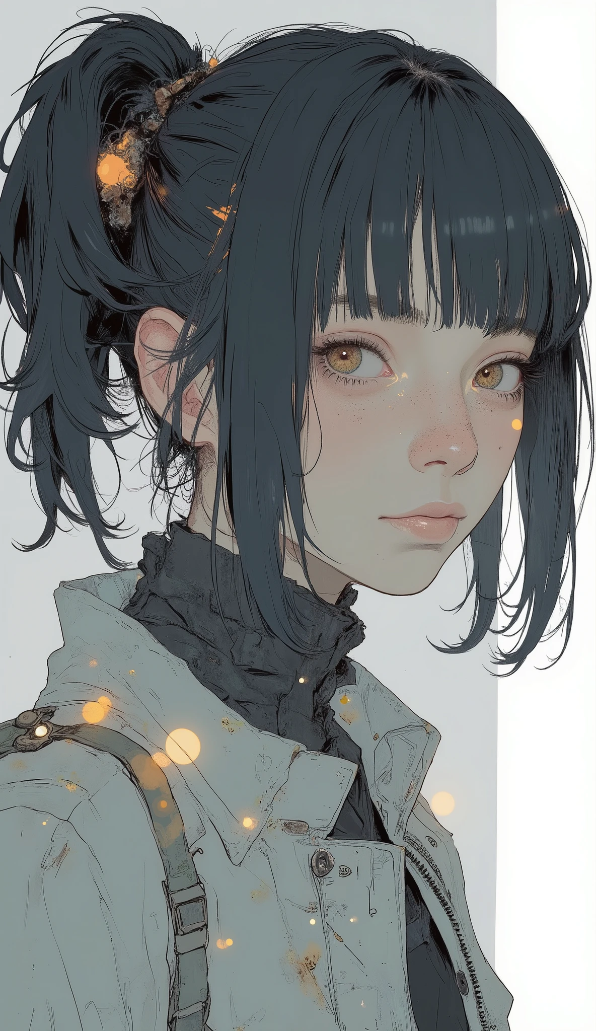 Closeup of a Woman's Messy Hair and Jacket, Big Unkempt Hairstyle, Girl with Ragged Hair,  Curled Bangs and Ponytail, disheveled hairstyle, with short hair, messy bangs, short unkempt hair, medium hair, Black Hair Up to the Shoulders Is Not Well Maintained, Short ponytail hair, Chiho, wild hairstyle, Curled, Disheveled High Bangs Hairstyle