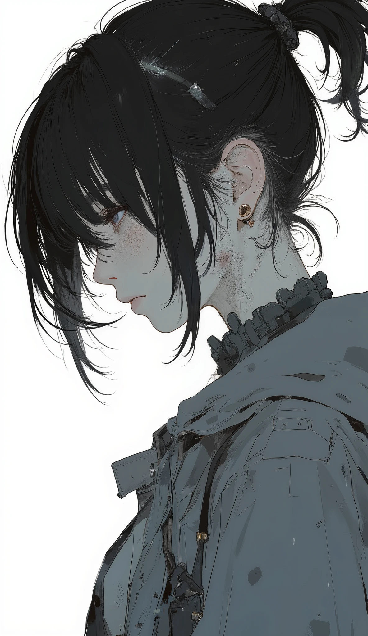 Closeup of a Woman's Messy Hair and Jacket, Big Unkempt Hairstyle, Girl with Ragged Hair,  Curled Bangs and Ponytail, disheveled hairstyle, with short hair, messy bangs, short unkempt hair, medium hair, Black Hair Up to the Shoulders Is Not Well Maintained, Short ponytail hair, Chiho, wild hairstyle, Curled, Disheveled High Bangs Hairstyle