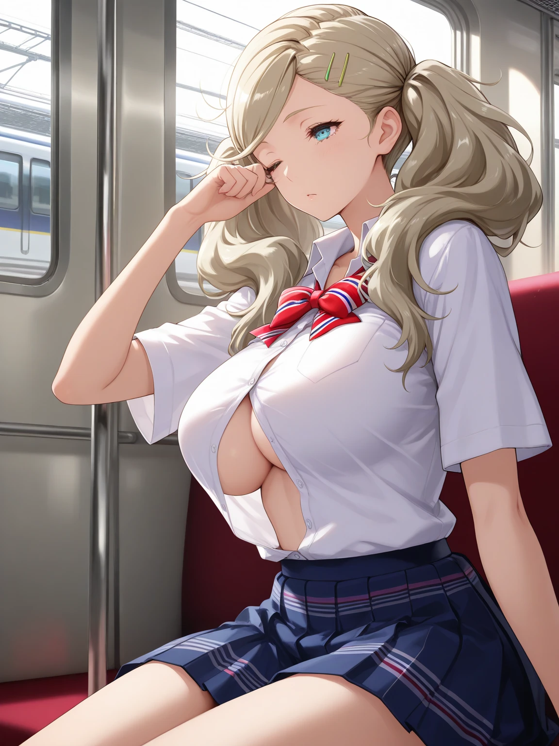(8K、Highest quality、highest quality、masterpiece)、Detailed face、One girl、ONE boy、Ayanami、No corners 、long hair、、blunt bangs、Grey Eyes、、、((Blazer jacket))、((White shirt))、((Pleated skirt))、((No ))、(())、on the train、((Pressing her chest against the train window 1.6))Spread your legs、Very large breasts、 are visible、、Black Pantyhose、Milk dripping from 、Milk spurting from the 、、Open your mouth、Troubled face、Close ~ eyes、 from the 、Full body portrait、Walking around the city、One man、Hearts in the eyes、、 in thighhighs、Pantyhose with a hole in the crotch、Adult toys、、Black Loafers、にを入れる、Standing 、、Standing 、A man stands behind、A man grabs my waist 