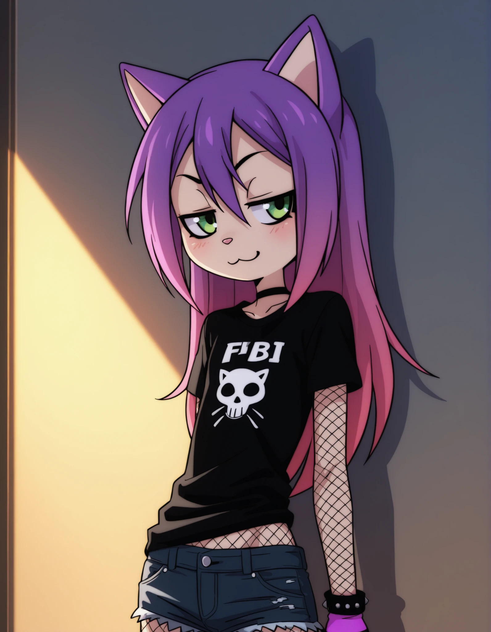fbi open up!,, volumetric_lighting, chiaroscuro_lighting, vibrant, shaders, against_the_wall, arched_back, 1girl, interior, solo, detailed, furry, cat, skinny, smug, ((cute_clothes, emo, fishnets)), white_fur, cute, claws, stare, soft_light, stylized, SuchHorriGir,