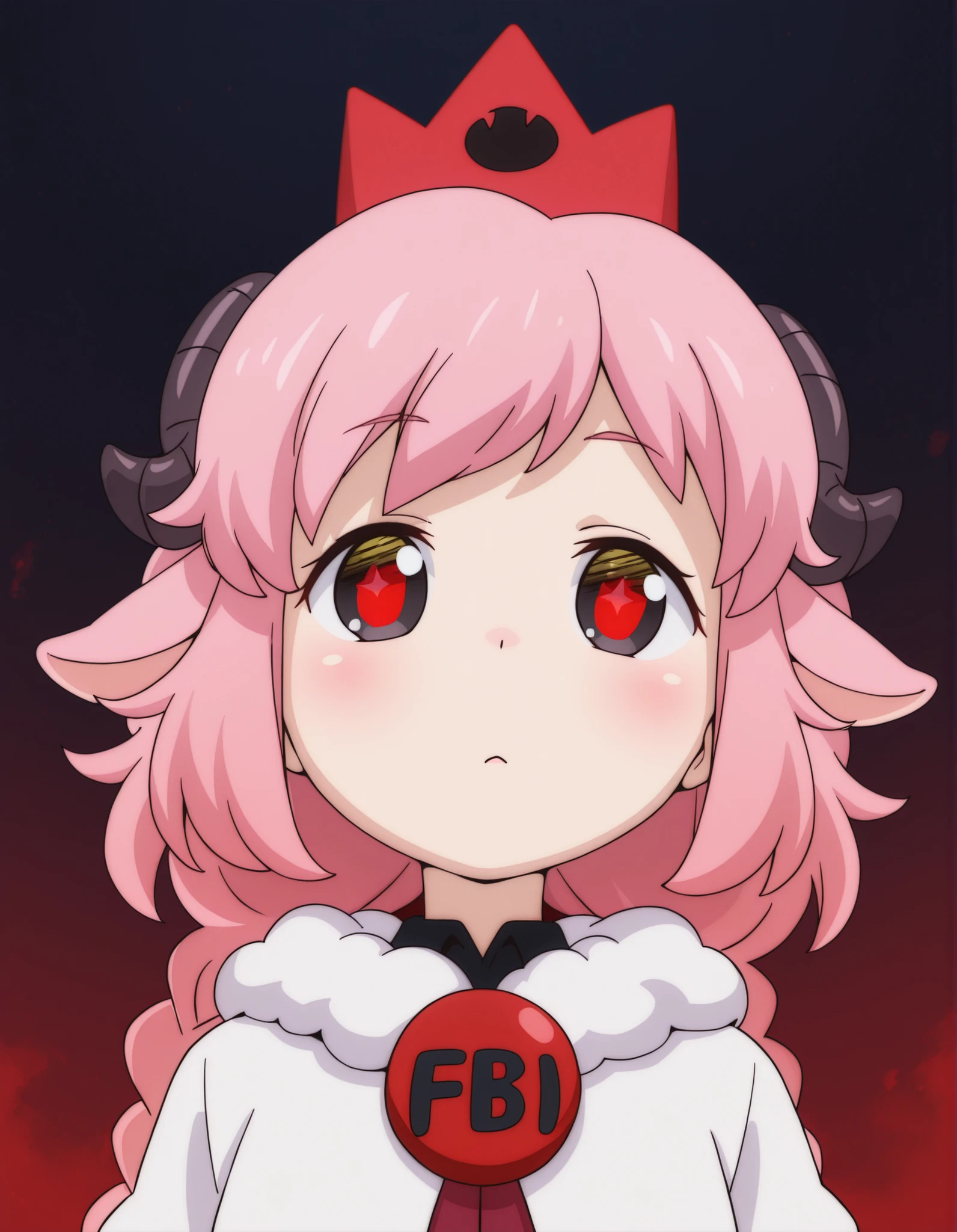 fbi open up!,, masterpiece, best quality, very aesthetic, 1girl, solo, cult of the lamb, sheep girl, collar, horizontal pupils, red/black eyes, red crown