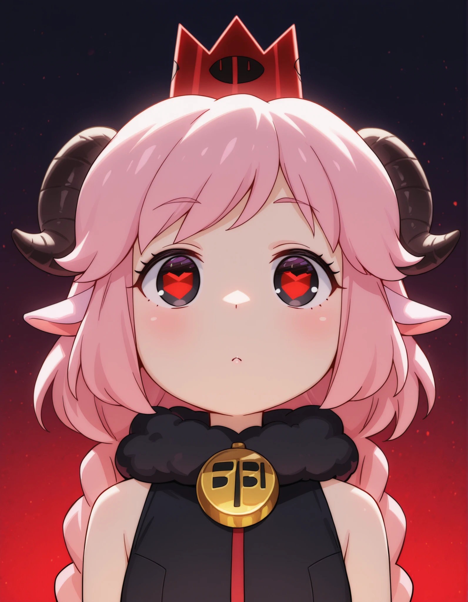 fbi open up!,, masterpiece, best quality, very aesthetic, 1girl, solo, cult of the lamb, sheep girl, collar, horizontal pupils, red/black eyes, red crown