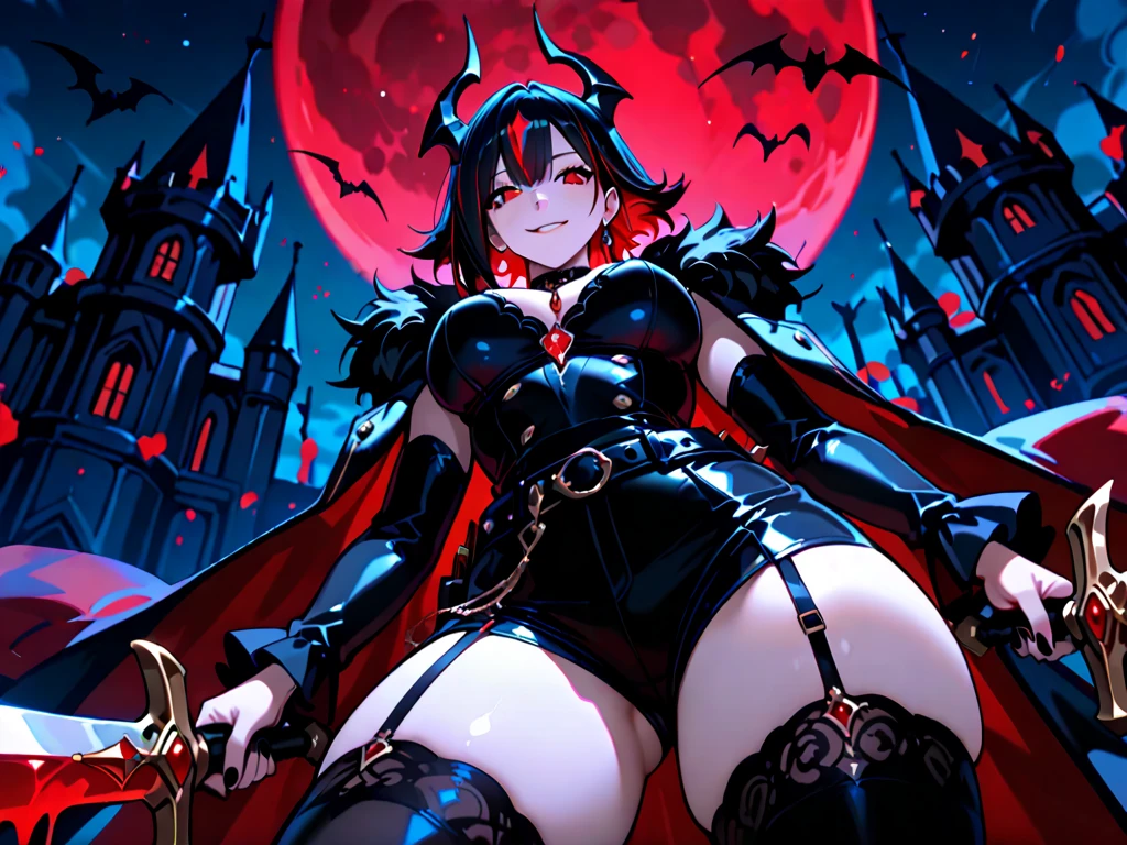 anime girl in a red cape and black dress standing on a stone walkway, demon anime girl, beautiful vampire queen, extremely detailed artgerm, gothic maiden anime girl, vampire girl, beautiful elegant demon queen, vampire queen, beautiful succubus, beautiful vampire female queen, style artgerm, succubus | medieval, ! dream artgerm, fashionable dark witch