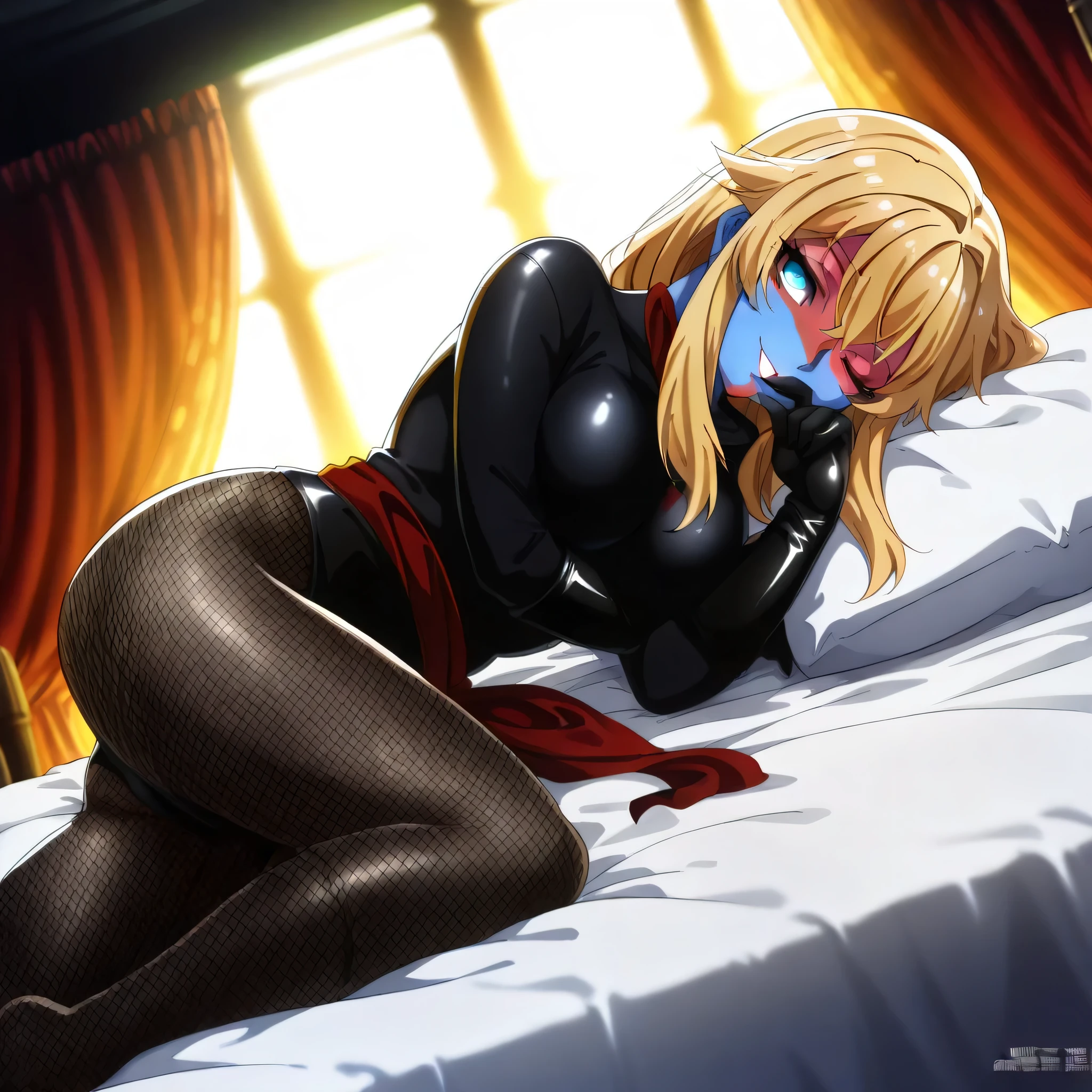 (((Masterpiece))), (((Best Quality))), ((Super Detail)), ultra-High resolution, score_9,score_8_up,score_7_up,score_6_up,score_5_up,score_4_up, BREAK, source_anime, anime screencap, uncensored, Masterpiece, (best shadow), (absurdres), (detailed background), (very aesthetic), detailed beautiful eyes, outstanding, an exquisite animation illustration, curvy, highres, shiny clothing, dark persona, empty eyes, blank eyes, shocker, black leotard, latex elbow gloves, brown fishnet pantyhose, red skin, blue skin, colored skin, red sash, makeup, (((solo, 1girl))), hair ornament, pose, submissive pose, anime style, anime coloring, animification, megami magazine, pose, dynamic angle, cinematic angle, dutch angle, dynamic composition, large , venus_wlb, blonde hair, long hair, bangs, hair between eyes, hair intakes, hair flaps, sidelocks, horns, blue eyes, black nails, from side, looking from side, view from side, full body, looking at viewer, clsoed mouth, smile, indoor, hotel, dappled light, sunbeam, messy room, luxury hotel, elegant pose, calm expression, delicate features, soft lighting, warm lighting, window light, fantasy, medieval, curtain, wind, windy, on side, lying down on side, lying down on bed, lying down, blanklet, pillow, finger on mouth, wink, cute pose, cute smile, cute, tilt head, head tilt