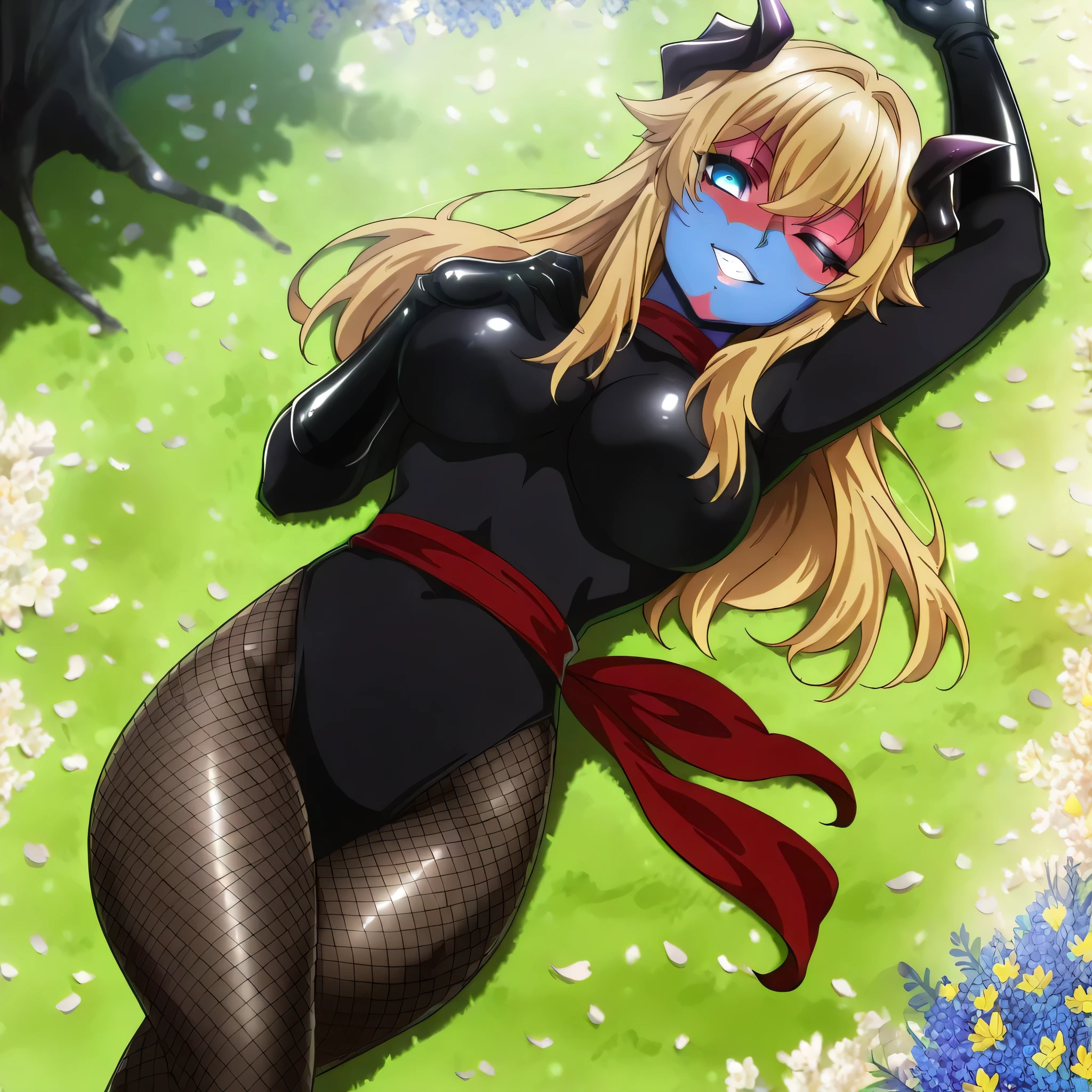 (((Masterpiece))), (((Best Quality))), ((Super Detail)), ultra-High resolution, score_9,score_8_up,score_7_up,score_6_up,score_5_up,score_4_up, BREAK, source_anime, anime screencap, uncensored, Masterpiece, (best shadow), (absurdres), (detailed background), (very aesthetic), detailed beautiful eyes, outstanding, an exquisite animation illustration, curvy, highres, shiny clothing, dark persona, empty eyes, blank eyes, shocker, black leotard, latex elbow gloves, brown fishnet pantyhose, red skin, blue skin, colored skin, red sash, makeup, (((solo, 1girl))), hair ornament, seductive pose, submissive pose, anime style, anime coloring, animification, megami magazine, sexy pose, dynamic angle, cinematic angle, dutch angle, dynamic composition, large breast, venus_wlb, blonde hair, long hair, bangs, hair between eyes, hair intakes, hair flaps, sidelocks, horns, blue eyes, black nails, seductive smile, outdoor, teeth, lying down on back, on back, lying down on flower, flower petals, flower, petals, multicolored flower, looking from above, view from above, from above, spring, crossed legs, hand on breast, armpit, hand up, arm up, wink, volumetric lighting, luminescent background, bokeh, tree, full body, feet out of frame