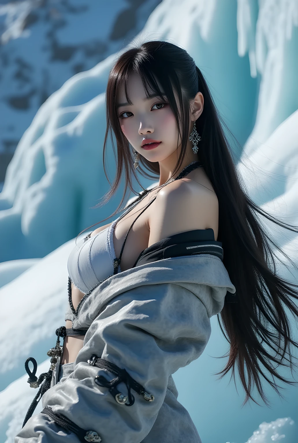 Realistic photo, upper-body, close-up.
Wandering the glacier. Icicles, ice walls, ice floors.
She's a beautiful Japanese woman with long black hair, striking a dynamic pose.
She's dressed like a eskimo.
Very detailed images, vibrant colors, chiaroscuro, masterpiece, top quality.