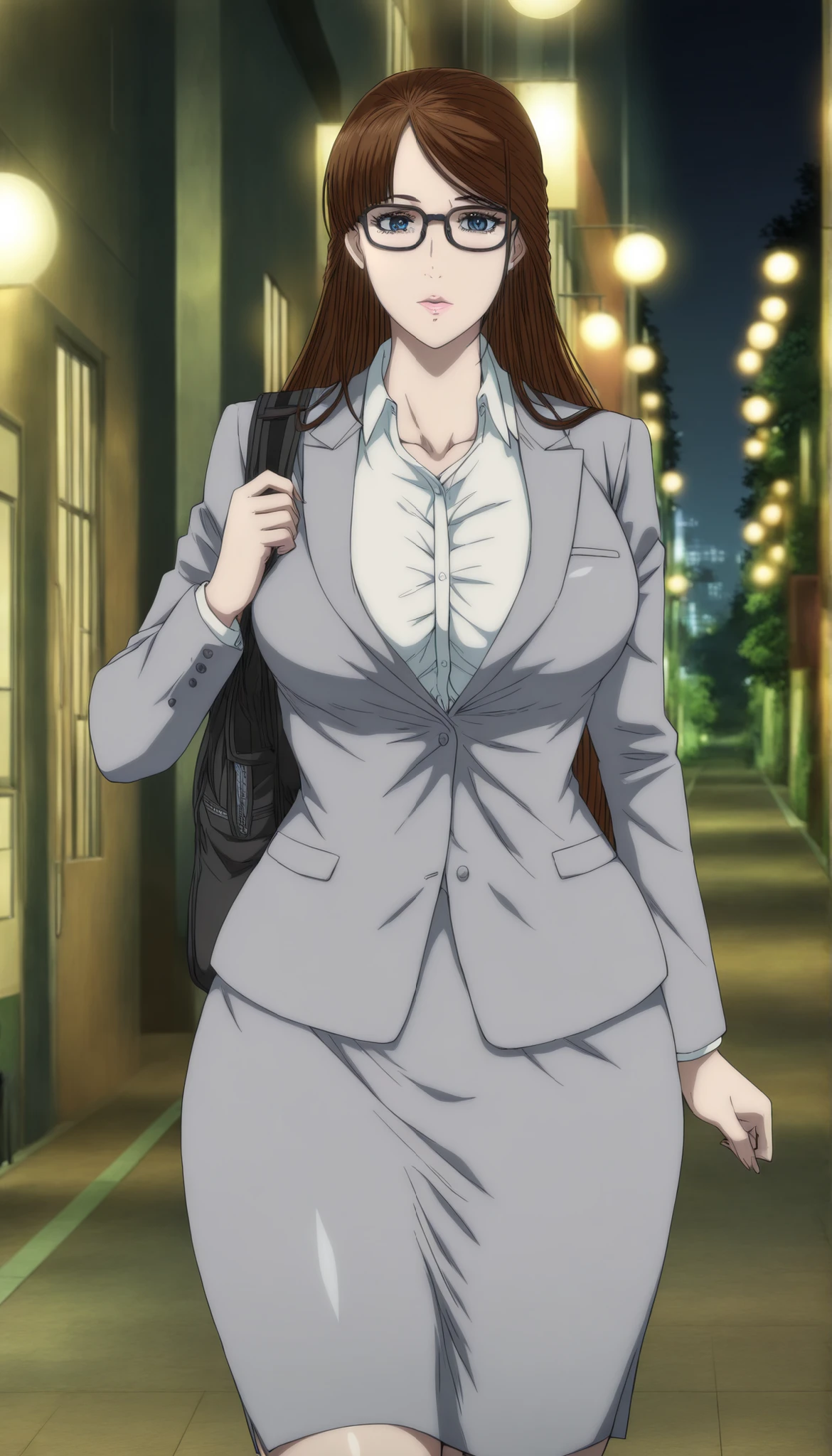masterpiece,best quality,very aesthetic,volumetric lighting,amazing quality,absurdres,official style,
Yuriko Okada,1woman,solo,brown hair,long hair,blue eyes,lips,teacher outfit,black-framed eyewear,glasses,white collared shirt,formal,suit,pencil skirt,grey skirt,jacket,
looking at viewer,cowboy shot,outdoors, thick plumpy thighs, medium breasts, curvy hips, small waist