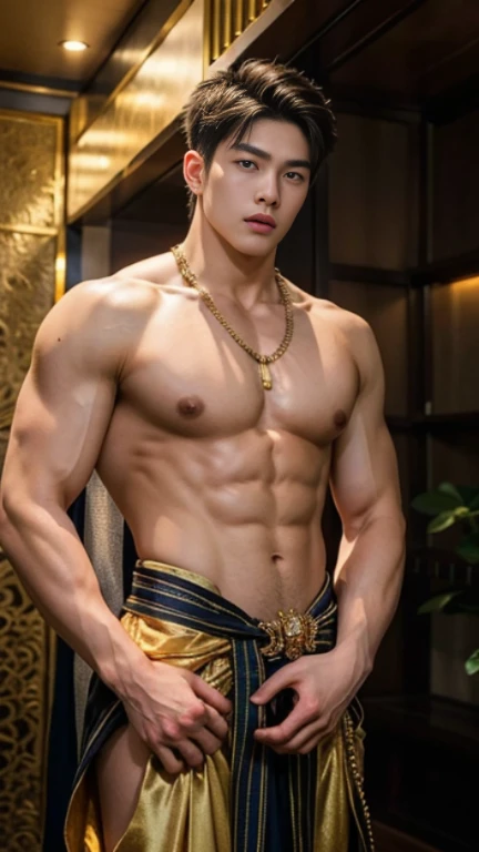 (photorealistic, masterpiece, best quality, highres, highly detailed), a young and handsome man posing nude surrounded by crystal, personification of crystal as a man, 18-year-old man, vibrant colors, realistic lighting, sparkling reflections, radiant and transparent skin, chiseled physique, intense gaze, striking features, well-defined jawline, tousled hair, confident and relaxed posture, artistic composition, elegant and graceful pose, captivating and alluring expression, the man's body covered with delicate and intricate crystals, creating a mesmerizing and ethereal effect, immaculate attention to detail, flawless rendering of textures, harmonious blend of realism and fantasy, incredible depth and dimension, attention-grabbing contrast between the smoothness of the man's skin and the texture of the crystals, seamless integration of the human form with the crystal surroundings, evoking a sense of grace, beauty, and mystery, powerful symbolism of purity and strength embodied by the crystal elements, expert use of shadows and highlights to enhance the three-dimensional quality of the image, masterful use of color to create a dreamlike atmosphere, refined and subtle nuances of light and shade, creating a visually stunning and emotionally impactful scene, exquisite craftsmanship and skillful execution, capturing the essence of both the human form and the ethereal beauty of crystals, creating an unforgettable and awe-inspiring visual experience.