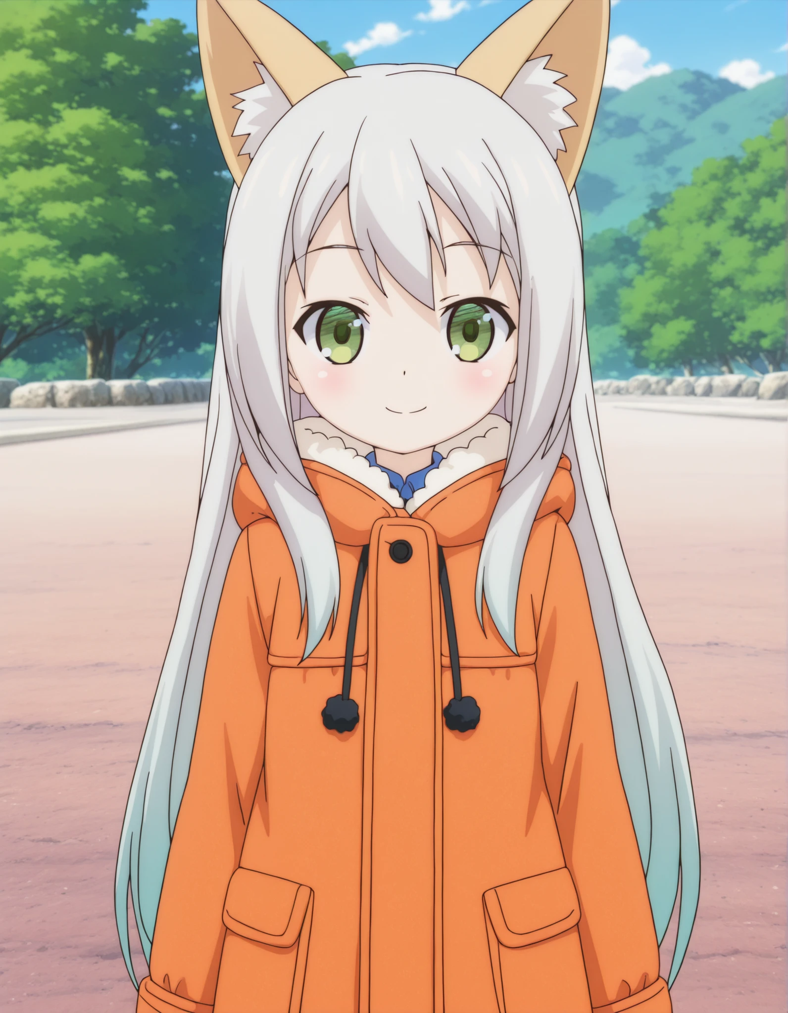 fbi open up!,, anime, solo, BREAK, young fox girl, skinny and frail, (petite,cute:0.5), green eyes, looking at viewer, long hair, white hair, smile, winter clothes, outdoors, winte
