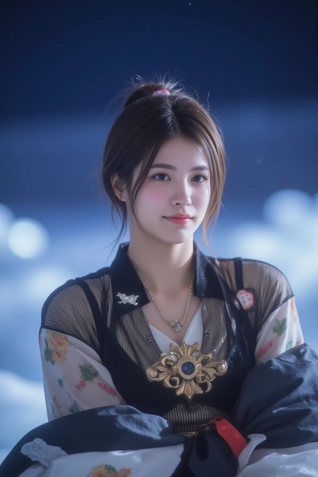 Hyperrealist portrait of female by david hockney and alphonse mucha,fantasy art, photo realistic, dynamic lighting, artstation, poster, volumetric lighting, very detailed faces, 4 k, award winning,, 1girl, in the dark, deep shadow, low key,cowboy shot,(official clothing:1.4) ,long hair,white hair,