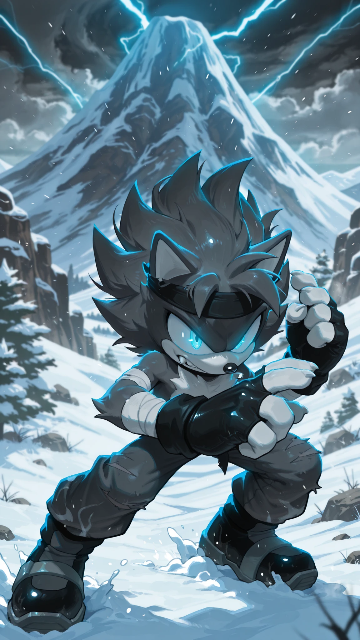 masterpiece, best quality, amazing quality, very aesthetic, high resolution, ultra-detailed, absurdres, newest, scenery, furry, anthro, sonic \(series\), 1boy, male furry, furry wolf, gray wolf, cyan eyes, glowing eyes, electric eyes, gray ripped pants, black shoes, fingerless black gloves, black messy hair, medium hair, bandaged arms, angry face, fight stance, mountain, snow storm, snowy ground, black Headband, fangs, depth of field, detailed fluffy fur, volumetric lighting, full body