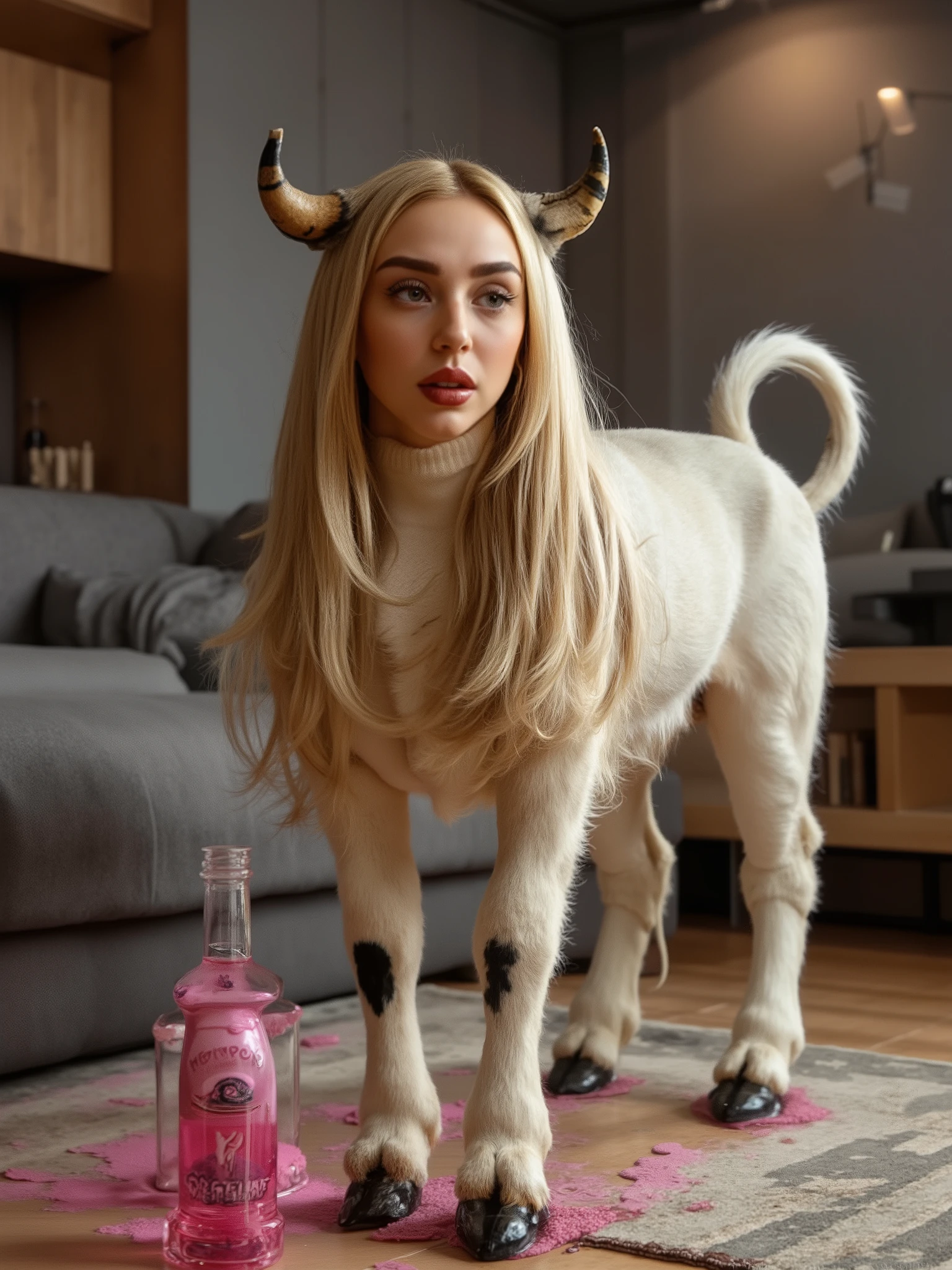 (masterpiece, High quality, high resolution hairstyle, hyperrealistic photograph), majestic female anthropomorphic cow, hybrid creature standing on all four legs on the floor, humanized bovine anatomy in an elegant posture, beautiful female face delicate features, surprised face, long, silky blonde hair that falls on her shoulders, bovine horns crowning her head, Body completely covered with soft, shiny white fur, with characteristic black spots, long tail moving to maintain balance, height proportional to an adult woman, bovine muscles defined under the coat, Modern home interior, A bright pink magic potion spilled next to her, LED lighting that creates crisp shadows and dramatic contrasts, detailed realistic textures, perfect details of hair and skin, 8K, professional lighting, balanced composition, depth of field