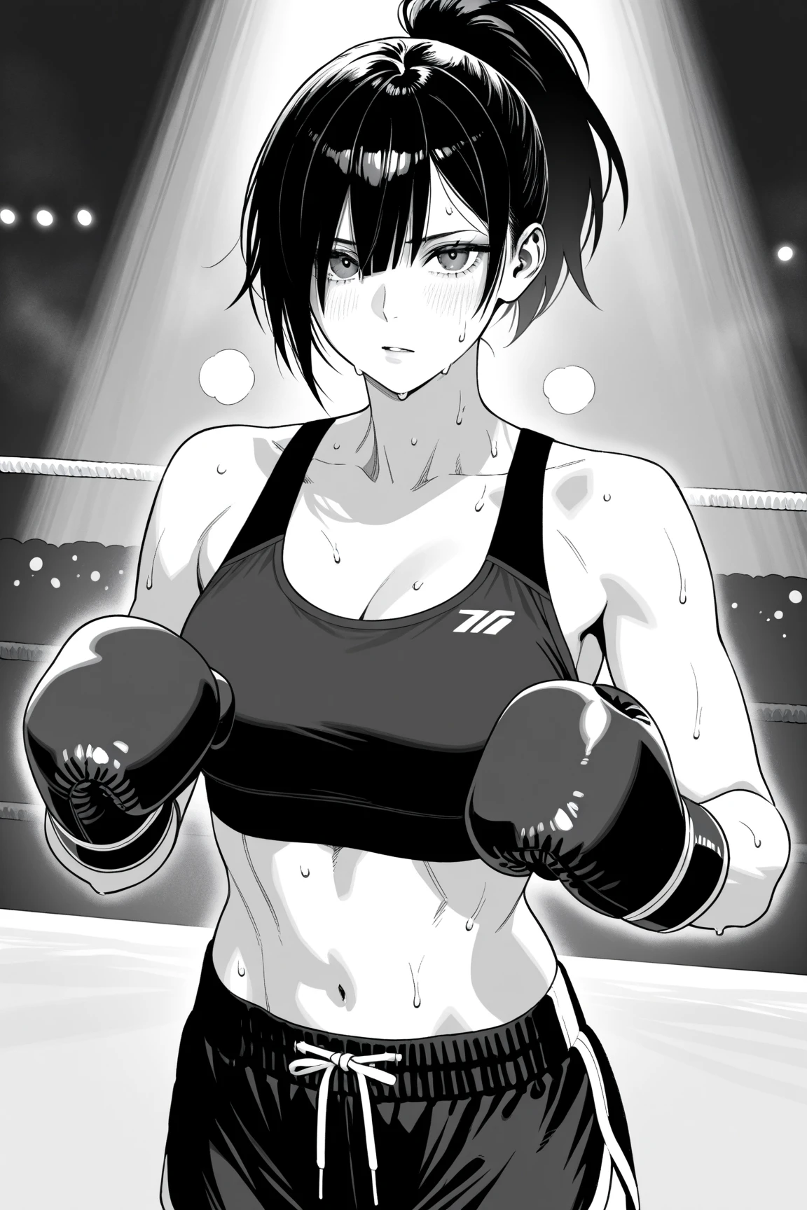 2 people。In a street fight、A female street fighter is overpowered by a man and punched repeatedly, leaving her in tears。Covered in bruises。Bloody。shortness of breath。Frightened expression。Running out of energy。Sweaty。Short black hair。Open Finger Gloves。Sports 。Tank top。Denim shorts。