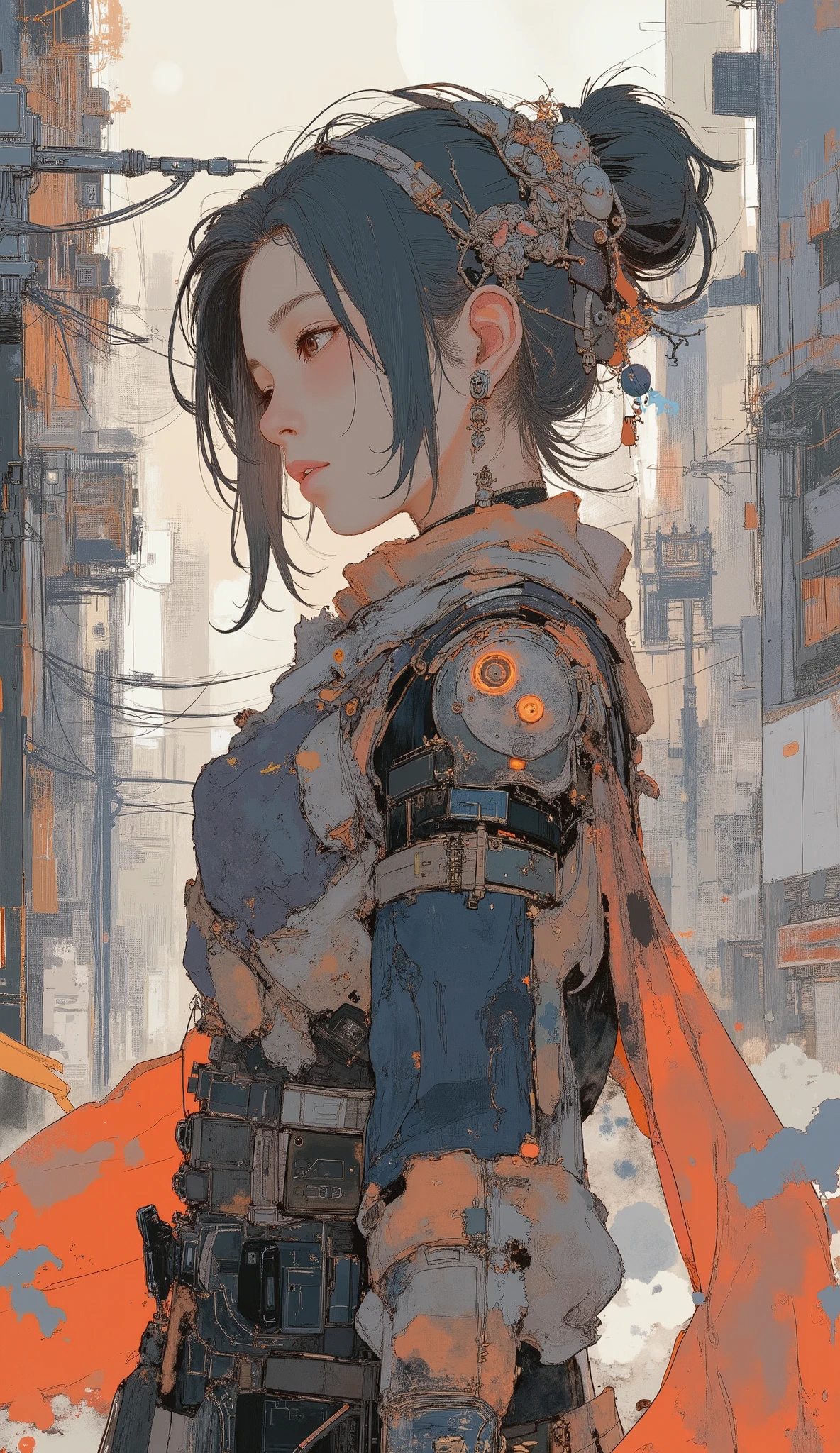 画像は、複雑なディテールと鮮やかな色が特徴の、手の込んだ三つ編みヘアスタイルで飾られた人を示しています. 糸やビーズと絡み合った複数の三つ編みが特徴の髪, テクスチャと色の豊かなタペストリーを作り出す. 三つ編みは、ターコイズなどの色を取り入れています, 金, サンゴピンク, 白と白, ターコイズビーズのよう々肩から垂れ下がる濃いオレンジ色の服. 髪の上部は、頭皮に沿って複雑に編み込まれています, きちんとした模様を形成している. その人は、襟のカラフルな模様が刺繍された白いブラウス、ゆったりとしたブラウスを着て, 視覚的なコントラストを生み出す, ボヘミアンで芸術的な外観に貢献しています. 背景は無地です, 髪と服の鮮やかな色と質感を際立たせるニュートラルな色調, 視覚的なコントラストを生み出す.