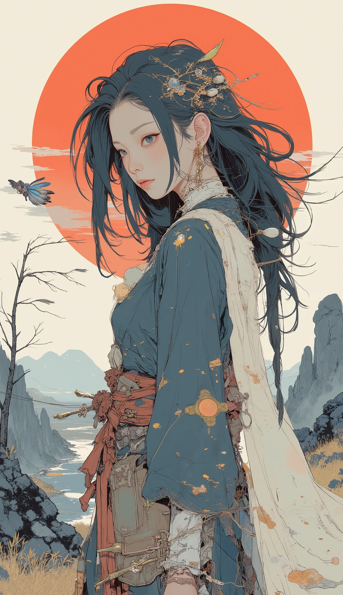 画像は、複雑なディテールと鮮やかな色が特徴の、手の込んだ三つ編みヘアスタイルで飾られた人を示しています. 糸やビーズと絡み合った複数の三つ編みが特徴の髪, テクスチャと色の豊かなタペストリーを作り出す. 三つ編みは、ターコイズなどの色を取り入れています, 金, サンゴピンク, 白と白, ターコイズビーズのよう々肩から垂れ下がる濃いオレンジ色の服. 髪の上部は、頭皮に沿って複雑に編み込まれています, きちんとした模様を形成している. その人は、襟のカラフルな模様が刺繍された白いブラウス、ゆったりとしたブラウスを着て, 視覚的なコントラストを生み出す, ボヘミアンで芸術的な外観に貢献しています. 背景は無地です, 髪と服の鮮やかな色と質感を際立たせるニュートラルな色調, 視覚的なコントラストを生み出す.