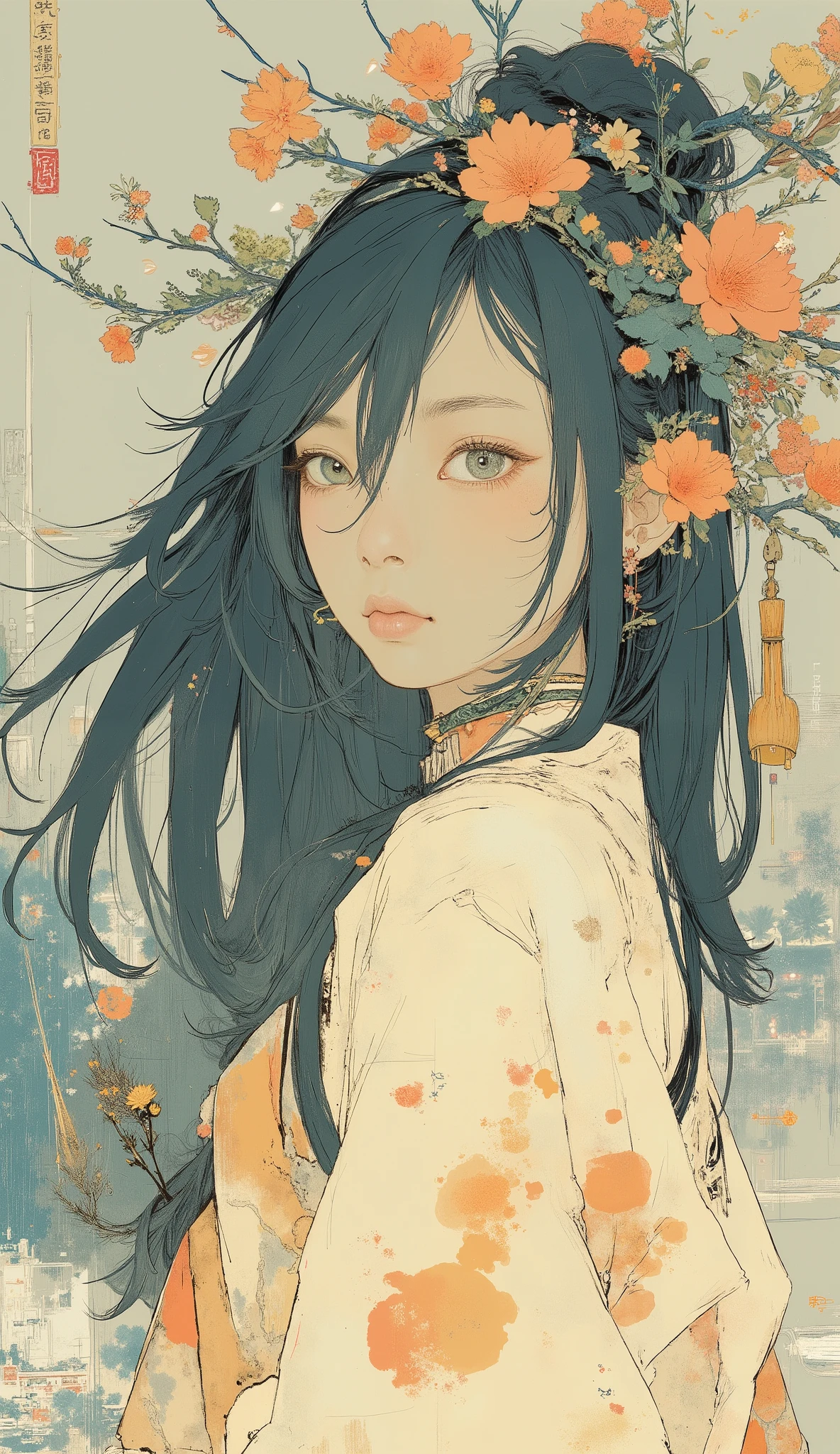 画像は、複雑なディテールと鮮やかな色が特徴の、手の込んだ三つ編みヘアスタイルで飾られた人を示しています. 糸やビーズと絡み合った複数の三つ編みが特徴の髪, テクスチャと色の豊かなタペストリーを作り出す. 三つ編みは、ターコイズなどの色を取り入れています, 金, サンゴピンク, 白と白, ターコイズビーズのよう々肩から垂れ下がる濃いオレンジ色の服. 髪の上部は、頭皮に沿って複雑に編み込まれています, きちんとした模様を形成している. その人は、襟のカラフルな模様が刺繍された白いブラウス、ゆったりとしたブラウスを着て, 視覚的なコントラストを生み出す, ボヘミアンで芸術的な外観に貢献しています. 背景は無地です, 髪と服の鮮やかな色と質感を際立たせるニュートラルな色調, 視覚的なコントラストを生み出す.