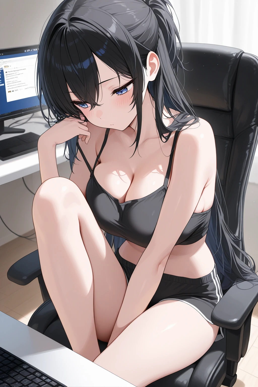 Side angle, (avert your eyes:1.5), Realistic, (Pale skin: 1.2), RAW Photos, Realistic, Portrait Photography, Shiny skin, Japanese Idols,Shiny Hair,(A 25-year-old woman with medium-length straight hair and bangs) and (Black Hair) and (Purple eyes) ,smile, Background is an office room,by 2 person,All naked,naked