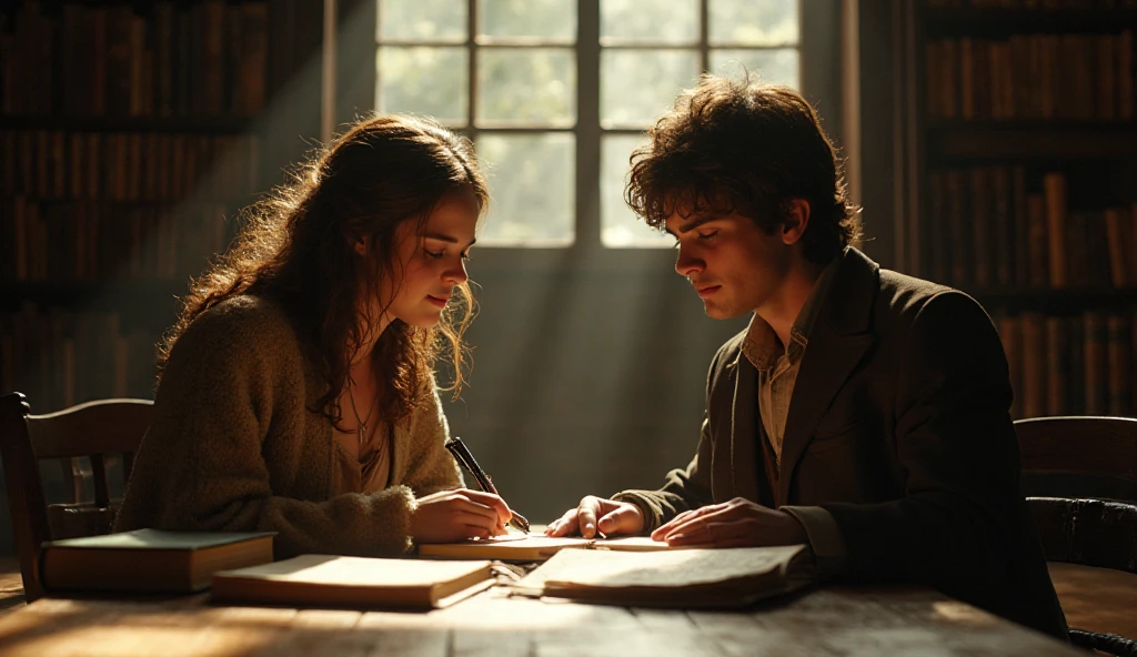 year: 1853. Location: Rock Island, Illinois. Pre-Raphaelite scene with a (((10-year-old George MacKay))), with a 14-year-old girl, talking in their bedroom, studying, ((((rural Clothing from the 1850s)))) ((Hairstyle of the 1850s)), ((("OMITB" cinematography)))