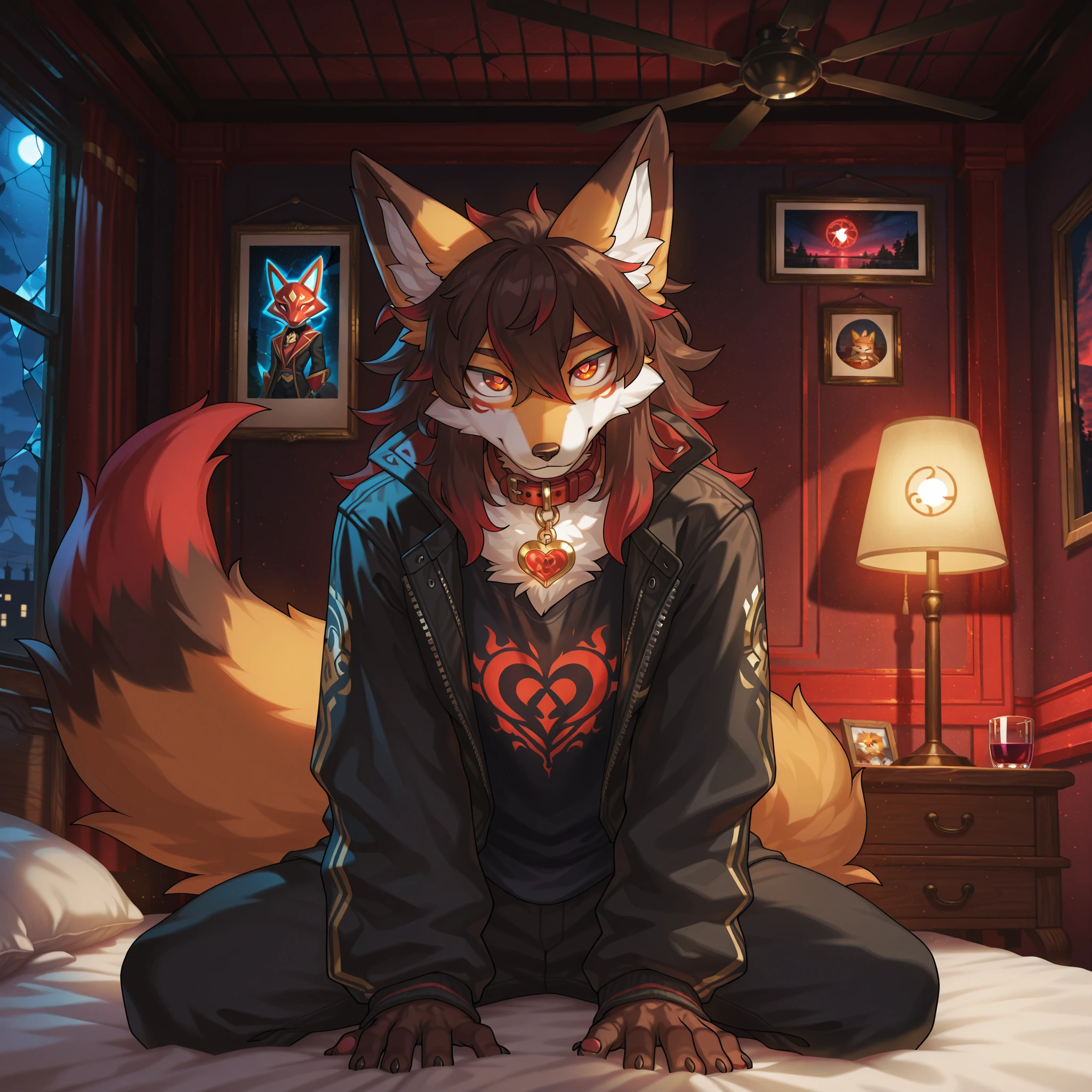 ((sfw)) Solo, A cute anthro, (((half hyena half deer))), male, (cute snout:1.2) full body, ((by hyattlen, by fumiko, ((by zackary, by fumiko)), solo, anthro, male deer, deer antlers, Bright brown fur body, ((brown ears)), red hair, mullet, detailed eyes,  (heterochromatic eyes), diferent color eyes, one red eye and one green eye, bright white neck, dark hyena spots, white fawn spots, white chest, perfect drawn tail, hyena arms, hyena paws, soft and warm chest, verry fluffy body, smirk, toned body, great , femboy jock, big ass, thick thighs, looking at the viwer, bedroom eyes, half lidded eyes, well drawn hands, wearing tiny pijama shorts and a matching cropped spaghetti strap shirt, earrings, eyebrow piercing, good , detail, stretching, next to a open window, first thing in the morning, just woke up, sun rise, waking up, bed hair, baby blue light pink and white color scheme for the clothes, pastel colors, pink yellow and blue background color scheme, (full body), bed, college room, fairy lights, posters, rainbow flag, gamer set up, 