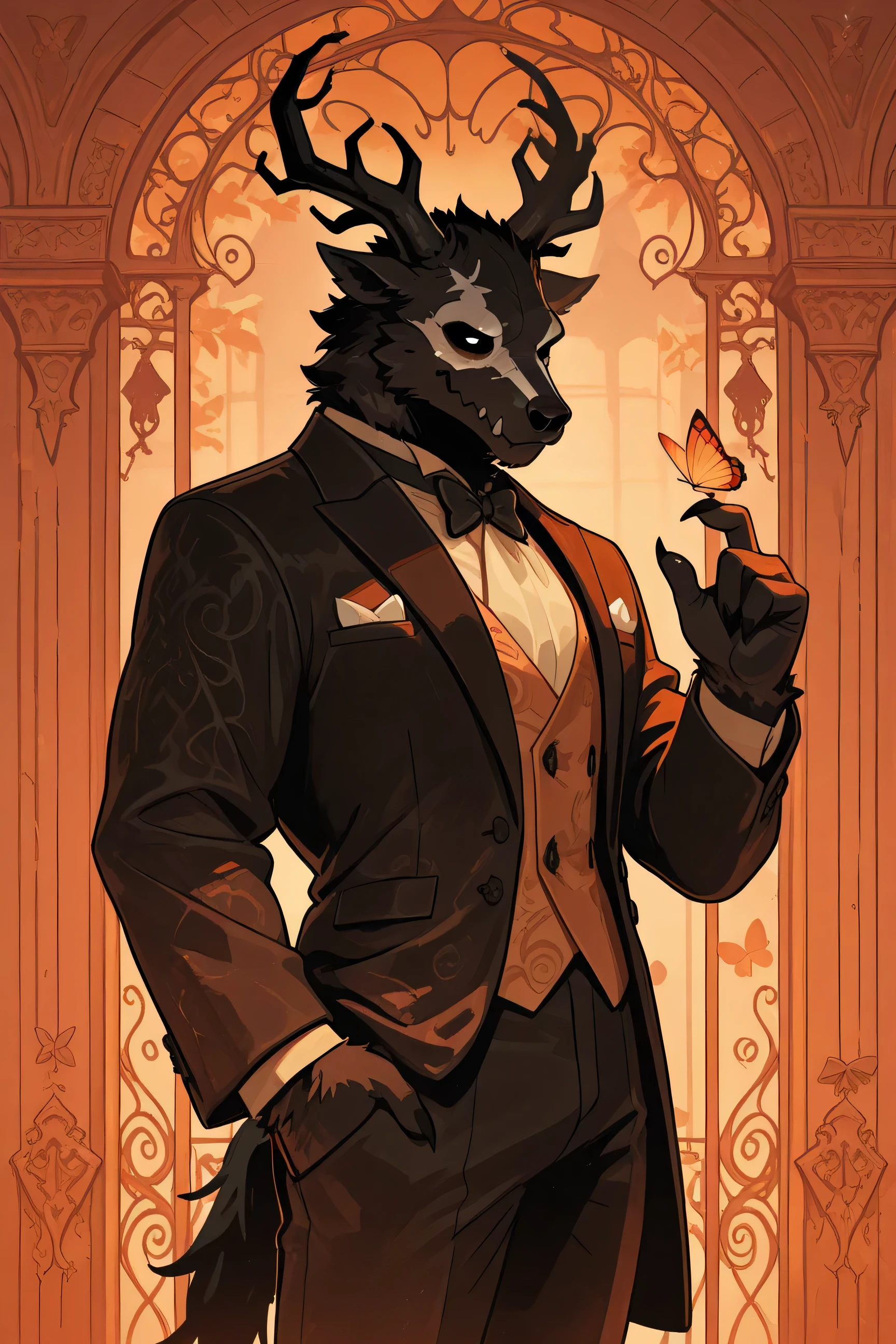 excellent quality, Carved height, good resolution, warm colors, wendigo, man, he wears an elegant suit, has a butterfly on one of its fingers