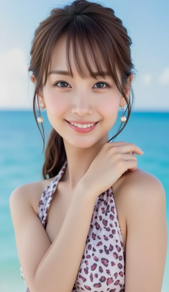 ((A Cheetah/A cheetah/チータドレスSwimwear:1.3)), Swimwear, Skin color, big , smile, (8K, RAW Photos, Highest quality, masterpiece:1.2), masterpiece, super detailed, super high quality, (Realistic and photorealistic photography:1. 37), High-resolution RAW color photos, Very delicate and beautiful, highly detailed, 8K壁紙, wonderful, detailed, Very eye, very detailed, very detailed skin, very thin fingers, very detailed nose, very detailed mouth, Perfect , Upper Body, 、(China dress:1.3)、Female Band、live、((Upper Body:1.3)), Nogizaka idol, Korean Idol, Idol sculpture'Pause, 18-year-old, cheap, Cafe, restaurant, Italy, deer, Australia, break ((Upward glance)), ((angle From above: 1. 3)), From above, Looking into the camera,