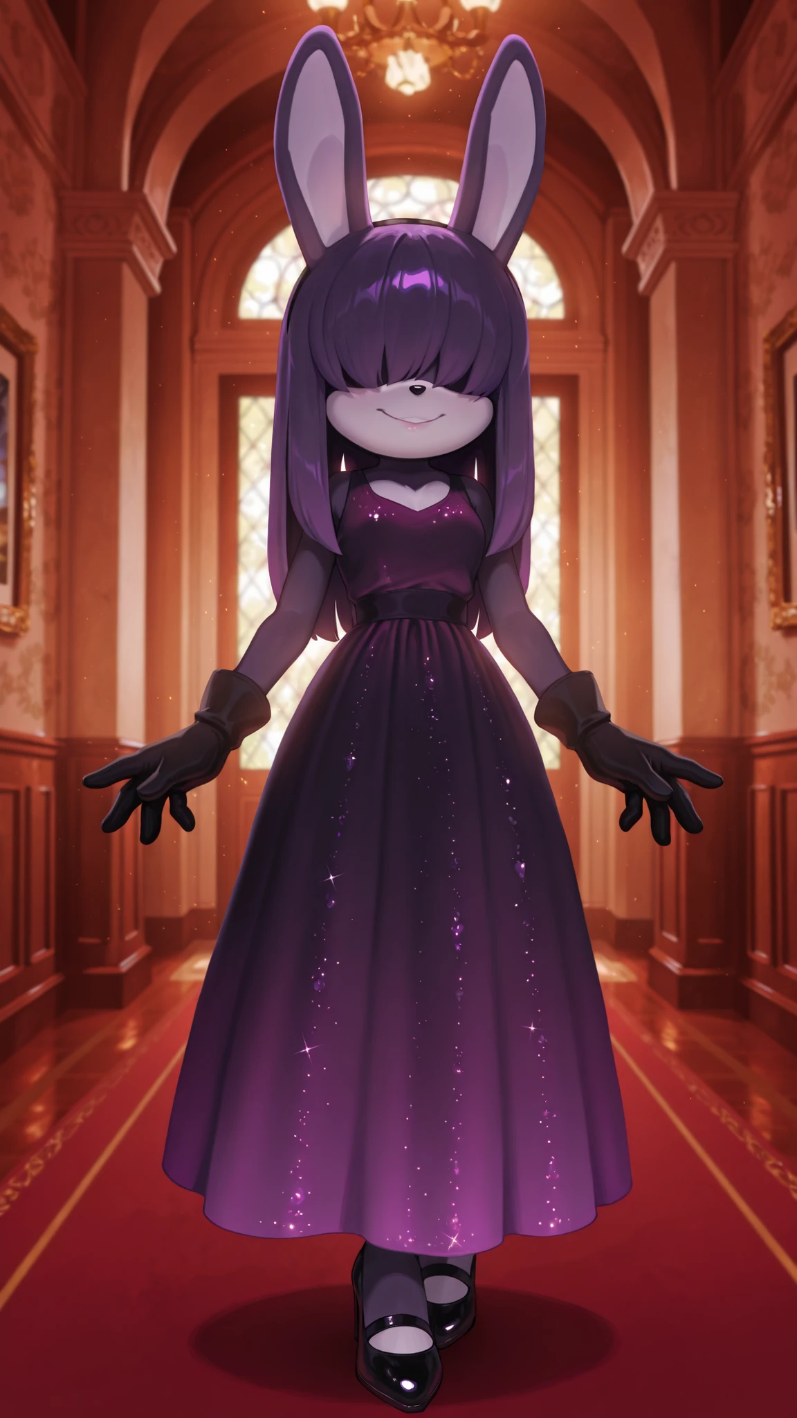 masterpiece, best quality, amazing quality, very aesthetic, high resolution, ultra-detailed, absurdres, newest, scenery, furry, anthro, sonic \(series\), 1girl, female furry, rabbit, purple straight hair, long hair, hair over eyes, sleeveless dress, cyan dress, purple dress (gradient dress), long black gloves, black heels, long dress, red carpet, mansion living room, purple fur, small smile, solo, BREAK, depth of field, detailed fluffy fur, volumetric lighting, indoors
