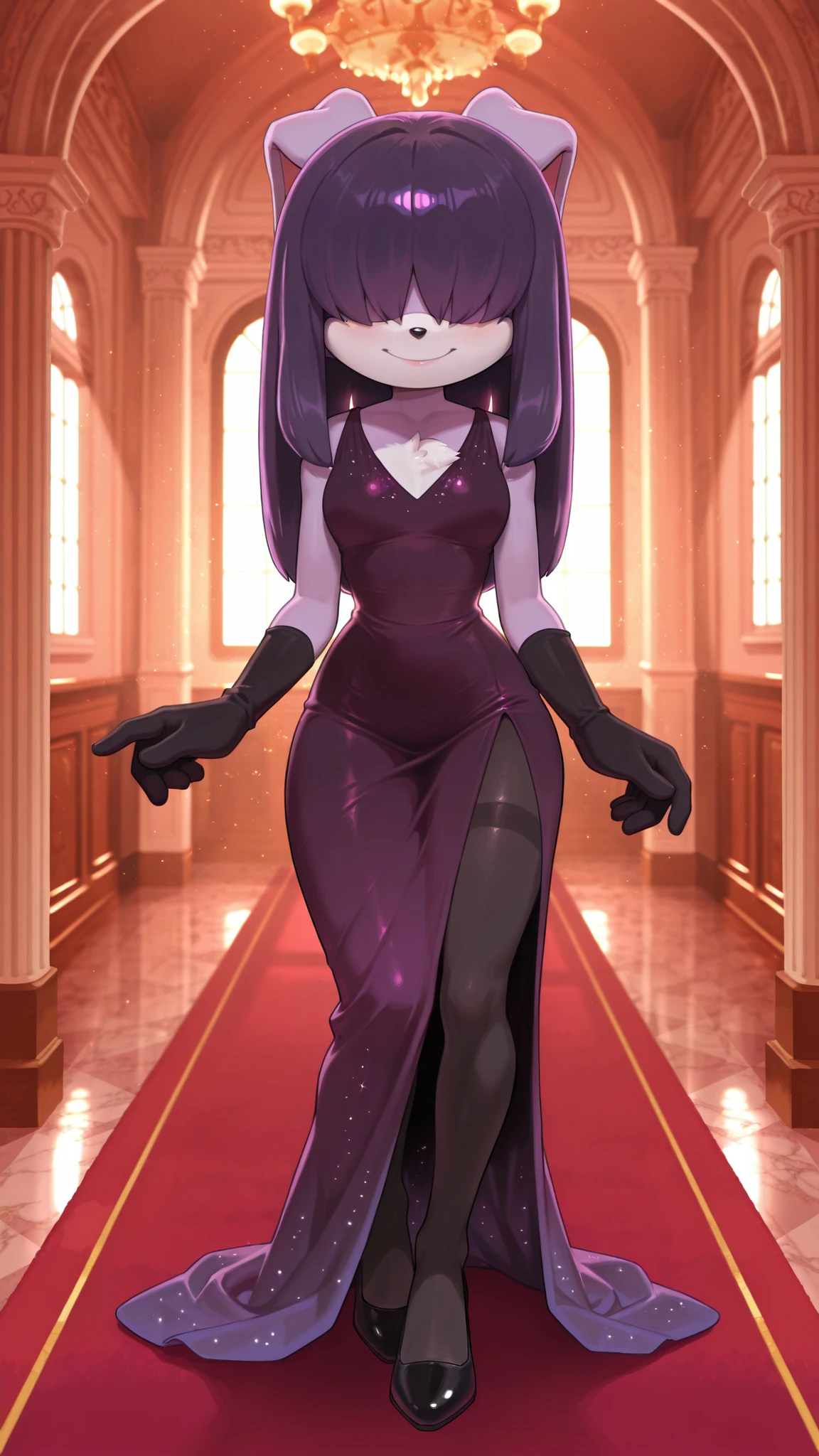 masterpiece, best quality, amazing quality, very aesthetic, high resolution, ultra-detailed, absurdres, newest, scenery, furry, anthro, sonic \(series\), 1girl, female furry, rabbit, purple straight hair, long hair, hair over eyes, sleeveless dress, long dress, sideslit dress, deep v-neck, purple dress (cyan gradient dress),  long black gloves, black heels, long dress, red carpet, mansion living room, purple fur, small smile, solo, BREAK, depth of field, detailed fluffy fur, volumetric lighting, black pantyhose, indoors