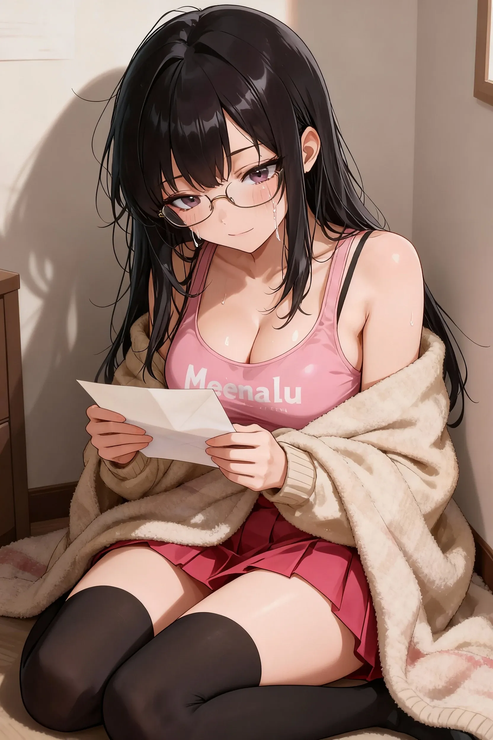 Stema Peace、hanekawa tsubasa、attack of glasses、A dark-haired、two braids、large boob、 (Black hair, Brown eyes, Round face), (nose blush, half opened eye),, [Full body shot]、eye glass、Head-to-toe shots、A dark-haired、Tying up the chest...、lifted by a rope、あいUncensored、uncut、20+、Ahegao、Overflowing love juice、Uncensored、Pink 、