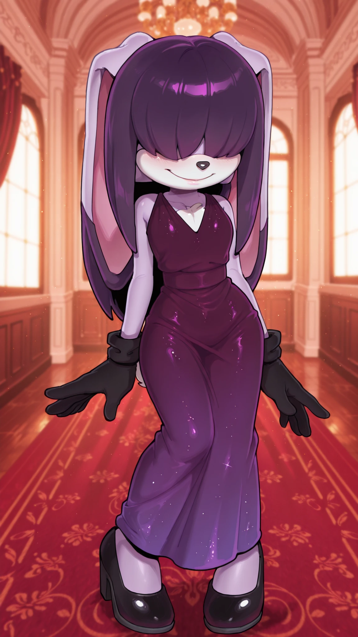 masterpiece, best quality, amazing quality, very aesthetic, high resolution, ultra-detailed, absurdres, newest, scenery, furry, anthro, sonic \(series\), 1girl, female furry, rabbit, purple straight hair, long hair, hair over eyes, purple dress, deep v-neck dress, sleeveless dress, cyan dress, purple dress (gradient dress), long black gloves, black heels, long dress, red carpet, mansion living room, lila fur, shy smile, small smile, solo, BREAK, depth of field, detailed fluffy fur, volumetric lighting, indoors, seductive pose, sexy pose, onmodelblobian
