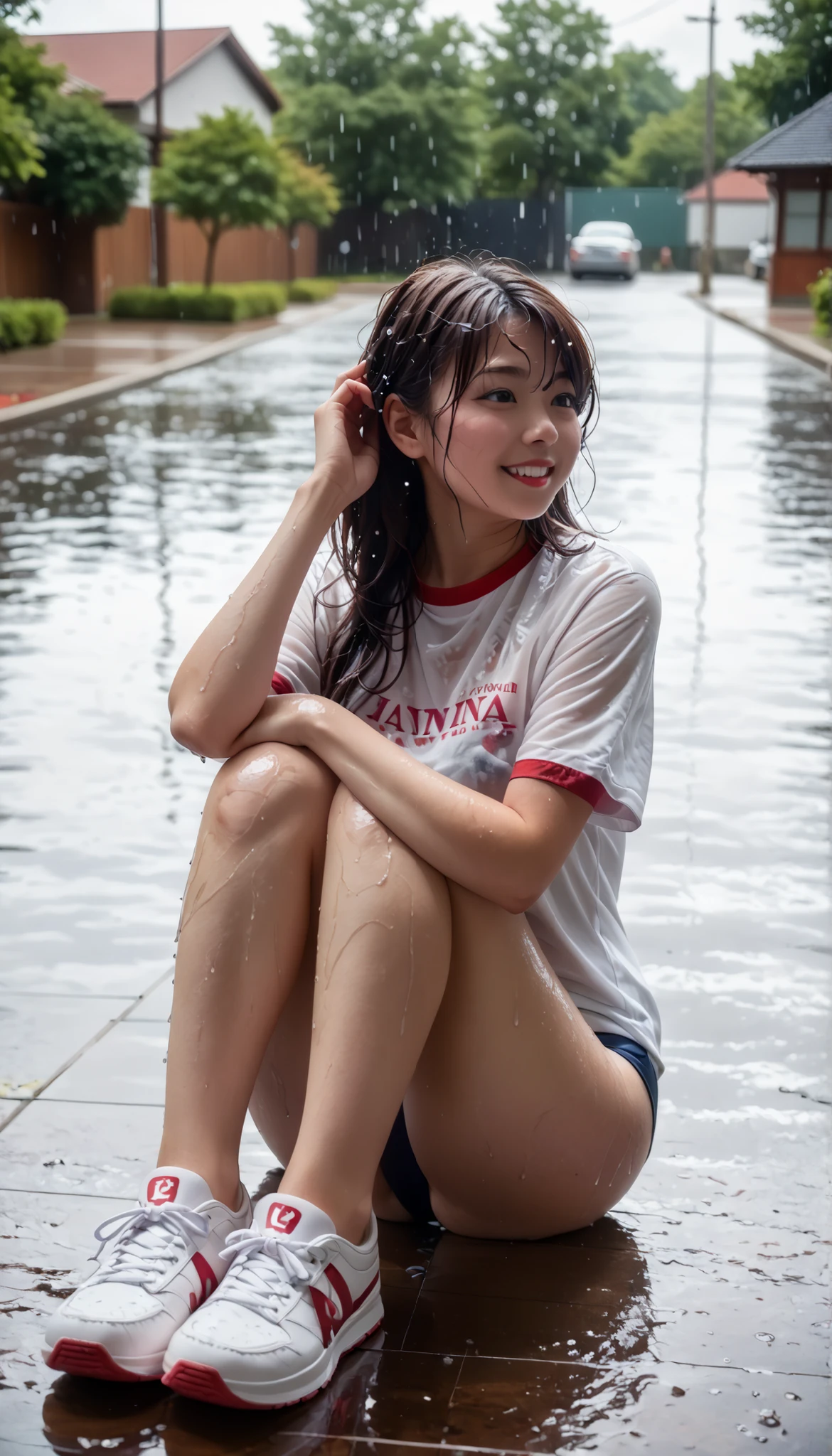   top quality 、high quality 、 最High precision、High precision、8K quality、high image quality 、top quality、 masterpiece 、immersive video、 very realistic image 、Realistic Paintings、 perfect detail 、 high contrast 、High Fidelity、 perfect and unblurry pictures、close to reality、 images with lots of detail、 Detailed and realistic weapons 、 exquisite and realistic human skin 、 realistic face down to the smallest detail、 Realistic eyes with attention to detail 、   Realistic Lips Drawn in Details  、 detailed and real teeth、Real ears、 Realistic Hair 、 nipples、Mansuji、((Japanese model))､((high school girl))、((young face))、((dark haired))、((medium rounded breasts))、((stylish body ))、(((Wet skin all over )))、(((wet hair)))、(((A woman whose whole body is wet from the top of her head to her feet and toes)))、((dark sky covered with thick rain clouds))、(( downpour))、(( Outdoors ))、(((wear classic navy color bluma＆wear white and red line t-shirts＆wearing white sneakers)))、(((wear loose T-shirts that are thin and tight＆Wear loose T-shirts＆wearing white sneakers)))、(((雨で濡れているwear classic navy color bluma＆Wear a white and red line t-shirt that is wet in the rain)))、(((薄手で張り付き感のあるwear loose T-shirts that are thin and tight＆wear loose fit gym clothes that are thin and tight)))、((downpourの都会の中))、((Rainwater falling from rain clouds is clearly visible))、((sit in a triangle with your  on the ground))､((( look at her from the front )))