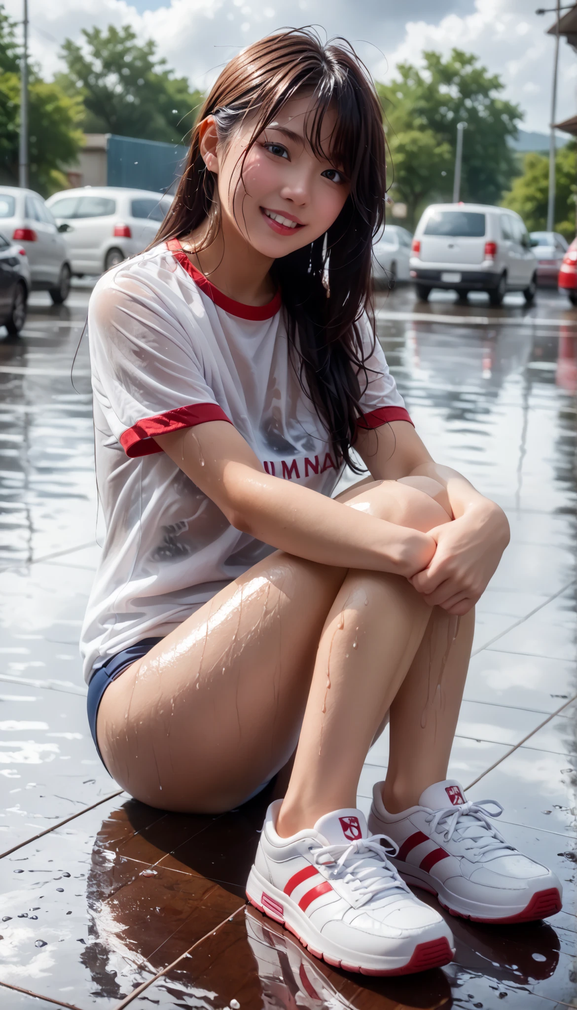   top quality 、high quality 、 最High precision、High precision、8K quality、high image quality 、top quality、 masterpiece 、immersive video、 very realistic image 、Realistic Paintings、 perfect detail 、 high contrast 、High Fidelity、 perfect and unblurry pictures、close to reality、 images with lots of detail、 Detailed and realistic weapons 、 exquisite and realistic human skin 、 realistic face down to the smallest detail、 Realistic eyes with attention to detail 、   Realistic Lips Drawn in Details  、 detailed and real teeth、Real ears、 Realistic Hair 、 nipples、Mansuji、((Japanese model))､((high school girl))、((young face))、((dark haired))、((medium rounded breasts))、((stylish body ))、(((Wet skin all over )))、(((wet hair)))、(((A woman whose whole body is wet from the top of her head to her feet and toes)))、((dark sky covered with thick rain clouds))、(( downpour))、(( Outdoors ))、(((wear classic navy color bluma＆wear white and red line t-shirts＆wearing white sneakers)))、(((wear loose T-shirts that are thin and tight＆Wear loose T-shirts＆wearing white sneakers)))、(((雨で濡れているwear classic navy color bluma＆Wear a white and red line t-shirt that is wet in the rain)))、(((薄手で張り付き感のあるwear loose T-shirts that are thin and tight＆wear loose fit gym clothes that are thin and tight)))、((downpourの都会の中))、((Rainwater falling from rain clouds is clearly visible))、((sit in a triangle with your  on the ground))､((( look at her from the front )))