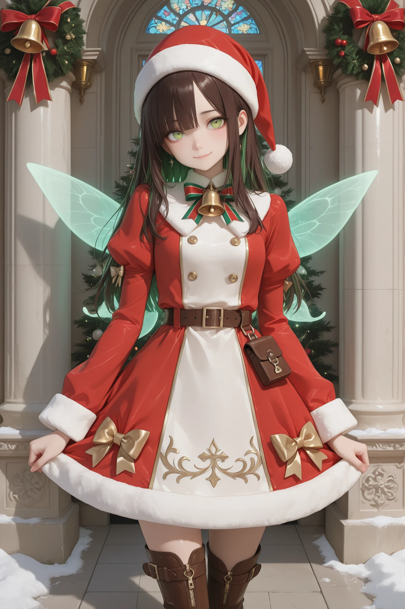 detailed background,Gorgeous church,1 girl,Focus on Glowing Skin, She is standing at the entrance of an elegant church decorated for Christmas, a large pillar covered with a garland and a snowy driveway. she is wearing an elaborate Santa Claus fairy costume, The Bordeaux dress has gold trim, juliet sleeve , tall brown leather boots with buckles and、Little pointed green hat with a bell,(((I'm staring straight at the viewer with a gentle smile))).,A close-up of my upper body I can see a twinkling light around the entrance.