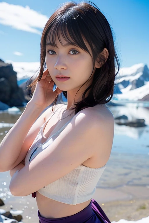 (8k, RAW photo, best quality, masterpiece, ultra high res, photorealistic, detailed face, detailed skin, 1girl, solo:1.2), (minako), standing, hands on hip, outside, Snowy landscap, ,  