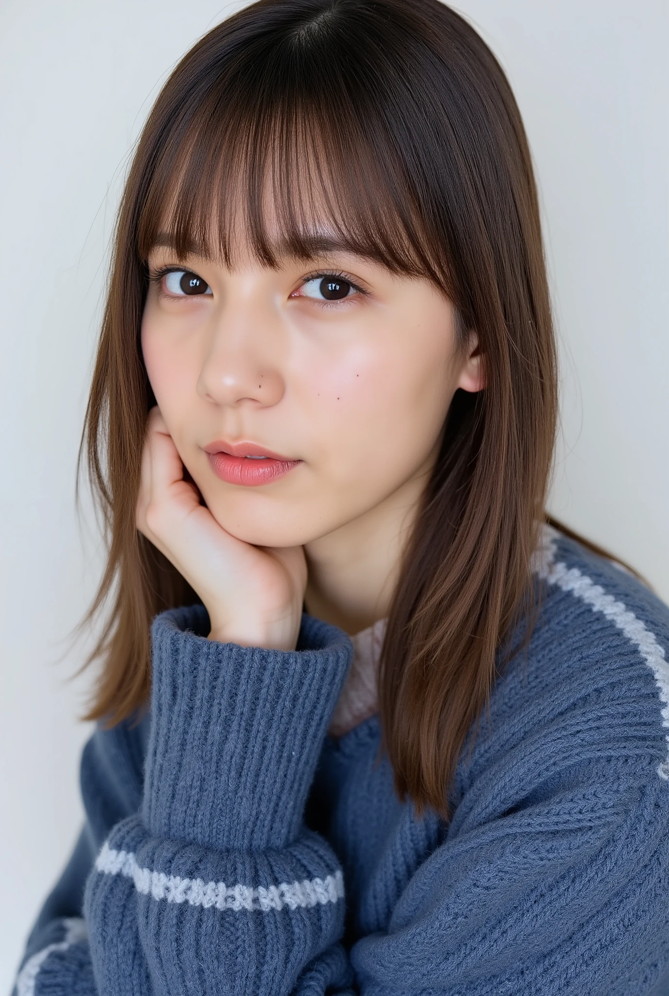 ( super real) , , ( high image quality ) , (8k) , ( Very Detailed) , ( top quality) , ( Super Detailed) , (masterpiece) , (Mortar Wallpaper) , ( detailed face ) , garden , side , thick ,,, solo , woman wearing dark blue long sleeve turtleneck knit and striped shirt , sweated , japanese , , early 、、 concrete background 、Tile Background、 upper body with clear contours、curl hair , pixie cut、 low rise panties, ((Raise your chin and look up、Gentle smile、