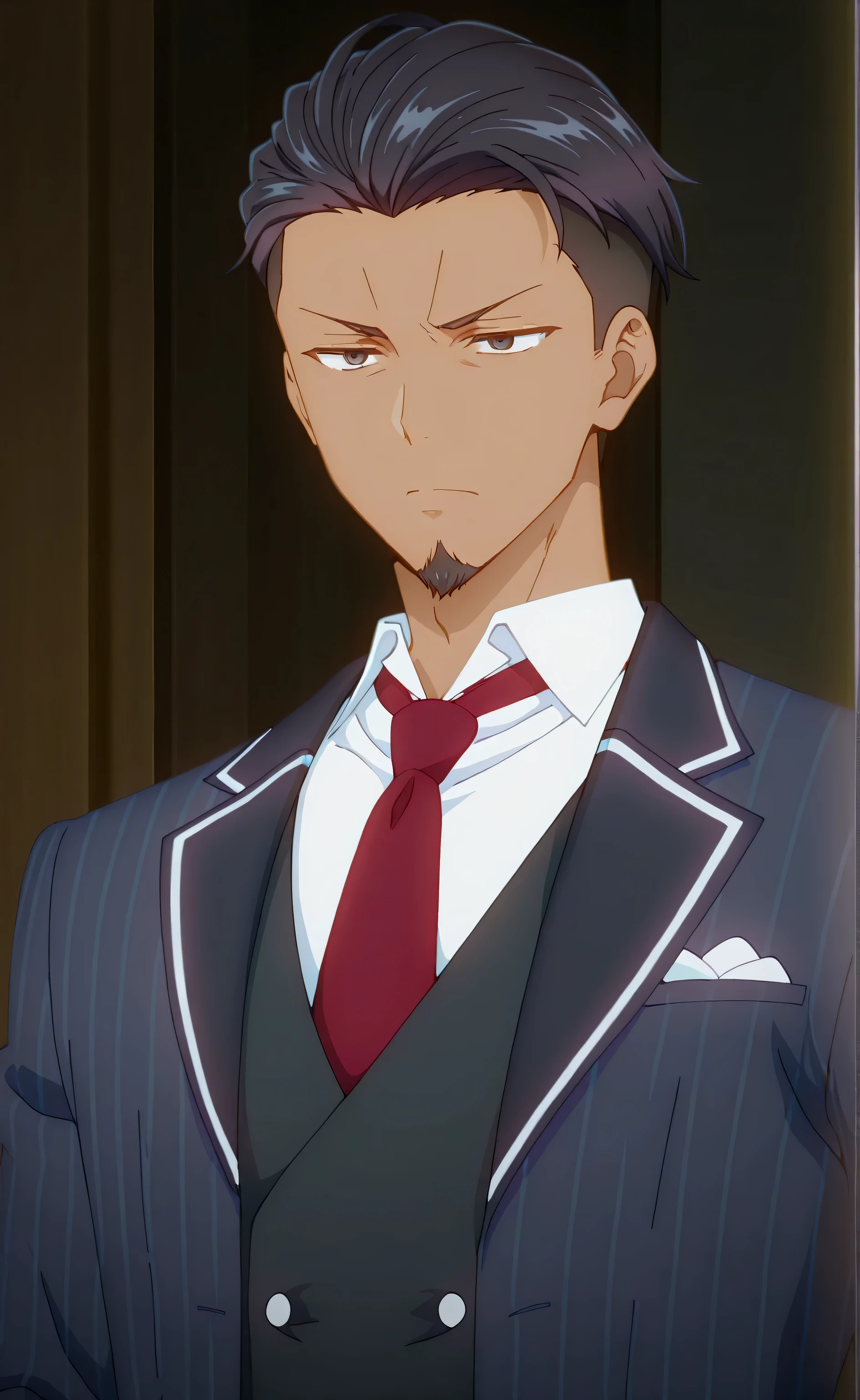 1male, solo, father, black hair, short hair, undercut-hair, black eyes, tan skin, serious, goatee, navy-blue pinstrip suit, white shirt, red necktie, navy-blue vest, , Tokidoki Bosotto Russia go De Dereru Tonari No Alya san Anime style