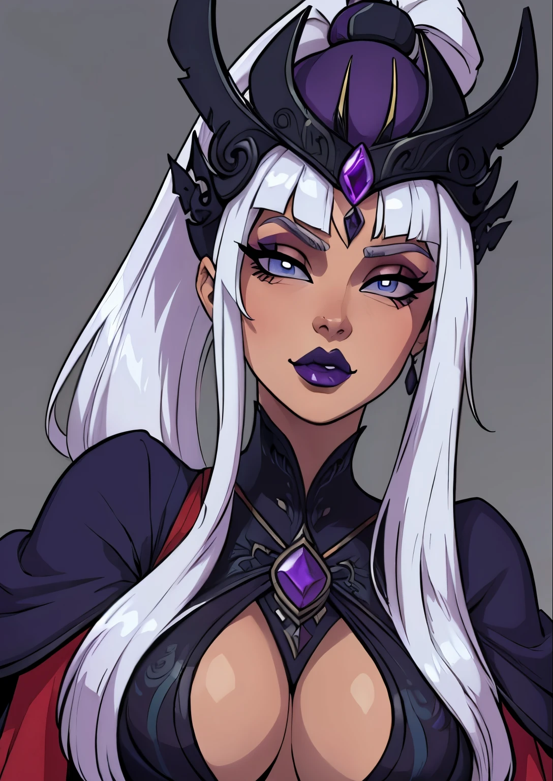 masterpiece, best quality, 1female, beautiful, face portrait, deep makeup, lipstick, 1girl, face focus, goth, perfect fringe, syndra, long hair, ponytail, thin diadem