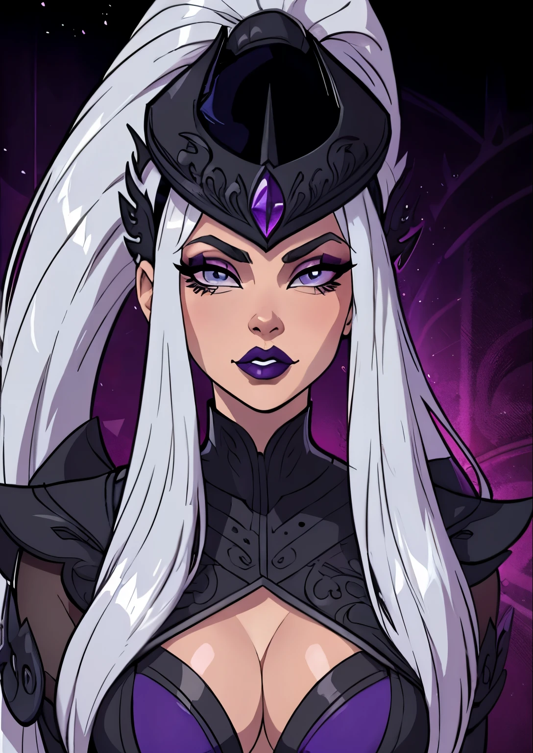 masterpiece, best quality, 1female, beautiful, face portrait, deep makeup, lipstick, 1girl, face focus, goth, perfect fringe, syndra, long hair, ponytail