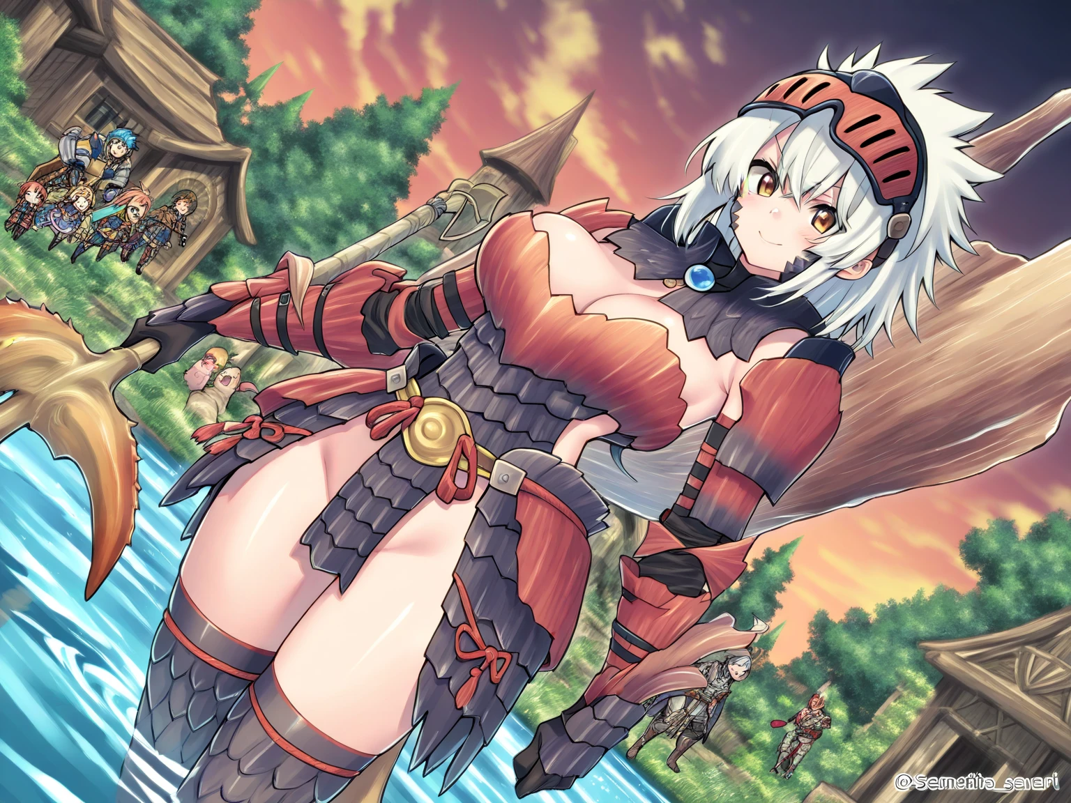 "(masterpiece:1.1), best quality, 
1girl, (80s anime style:1.3), (eyelashes:1.5), (:1.2), 
(intricate high detailed body:1.2), 
silver hair, 
(forehead :1.1), (long hair, twin bun:1.1), (demon horns:1.2), 
red eyes, (thick eyebrows:1.1), 
(muscular body:1.1), (small breasts, flat chest:1.1), 
(evil smile:1.2), 
(silver embroidery bikini armor:1.2), (garter belt:1.2), 
(spiked knight armor, armored boots:1.2), (suspenders:1.1), (ahoge:1.2), neckwear, 
standing, dynamic pose, 
(upper body, cowboy shot, looking at viewer, from front:1.1),
(daytime, woods, grassland, outdoors:1.1)"