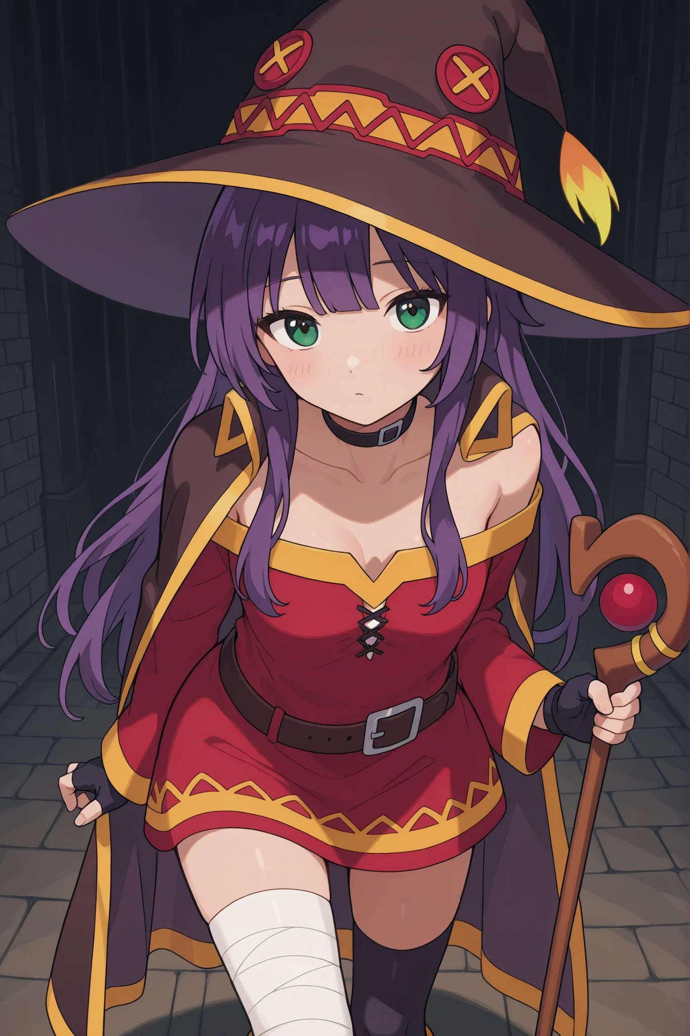 USNR, realistic, top quality, very beautiful, absurd, 8K, stunning artwork, very bubblegum, latest, exquisite eyes, cinematic lighting, dark room, solo
Long hair, green eyes, purple hair, red dress, short dress, witch's hat, cape, black cape, brown cape, gloves, black gloves, fingerless gloves, thigh-high socks, black thigh-high socks, asymmetrical legwear, one thigh-high sock, boots, black belt, brown belt, belt buckle, choker, black choker, collar, bandage, bandaged leg, cane, holding a cane, shoulders, long sleeves, collarbone, asymmetrical legwear, black hat, brown hat, zettai ryouiki, off-the-shoulder, off-the-shoulder dress, Megumin cosplay,
Down blouse, down blouse, long down blouse, leaning forward, loose clothing, distracted expression, happy, arms behind back, looking at viewer