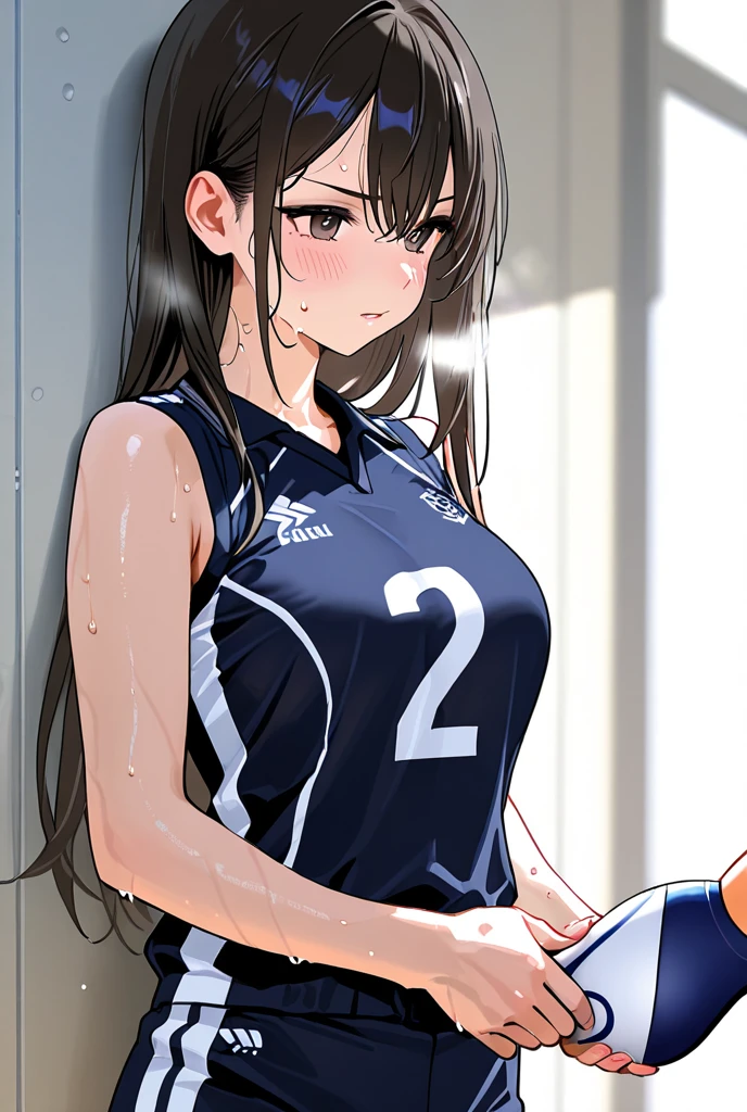 masterpiece, Highest quality, Nico_Yazawa,High resolution, 1 Girl, alone, Brown Hair, short hair, Twin tails、Purple eyes,  , , (Cleavage)、(Beautiful thighs), Carrying a red backpack, (randoseru backpack:1.2) Sweaty、Thick thighs、Highest quality、4K、1girl, 8years old, , cute, grin, 、、on the train、、、Thick thighs、Men holding their  and surrounding girls、 from the 、、、（）projectile 、、Lots of spectators、、low length、Volleyball Uniforms