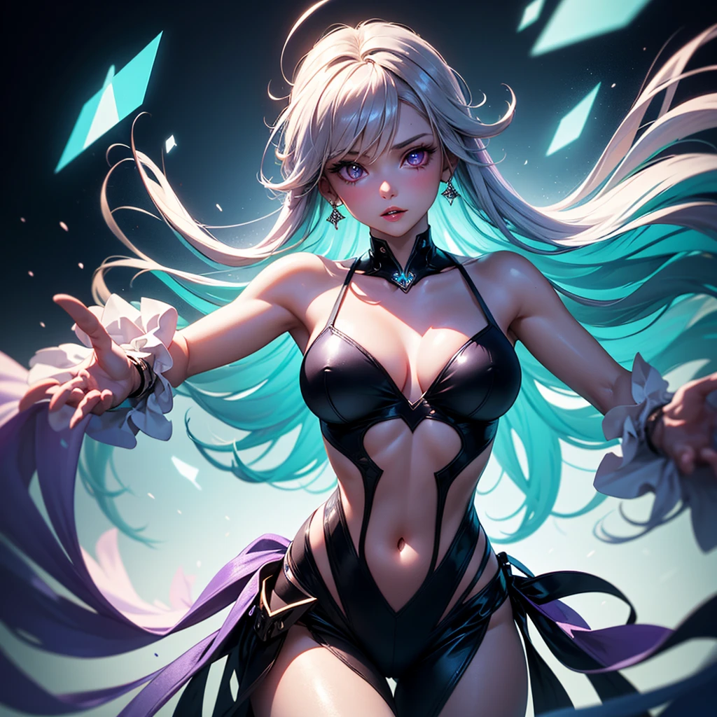 4K, A high resolution, Best quality at best, masterpiece, perfect colors, perfect shadow, perfect litghting, ((sportrait)), 1woman, fit body, heterochromia eyes，rainbow hair , blue eyes, With round lenses, The audience watched carefully, (s face: 1.2), Perfect female figure, ((dynamic pose)), ((rainbow Tight crop top leather suit)), ((shy and looking at viewer)), (Perfect thick white eyebrows) Delicate fur, 详细s face, s the perfect face,  , (dynamic pose), big ??????, open half ??????